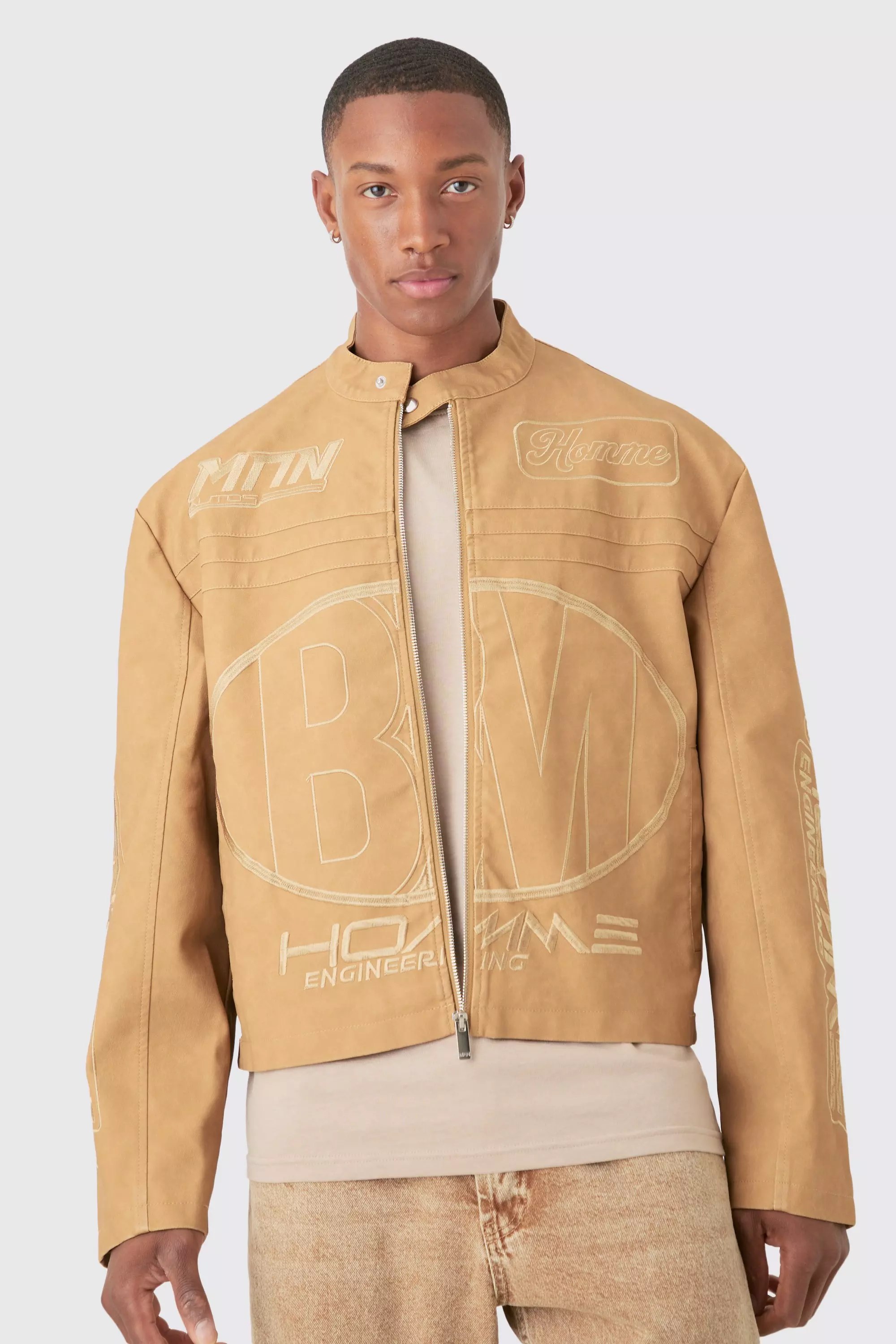 Boxy Embossed Pu Moto Jacket In Sand Sand