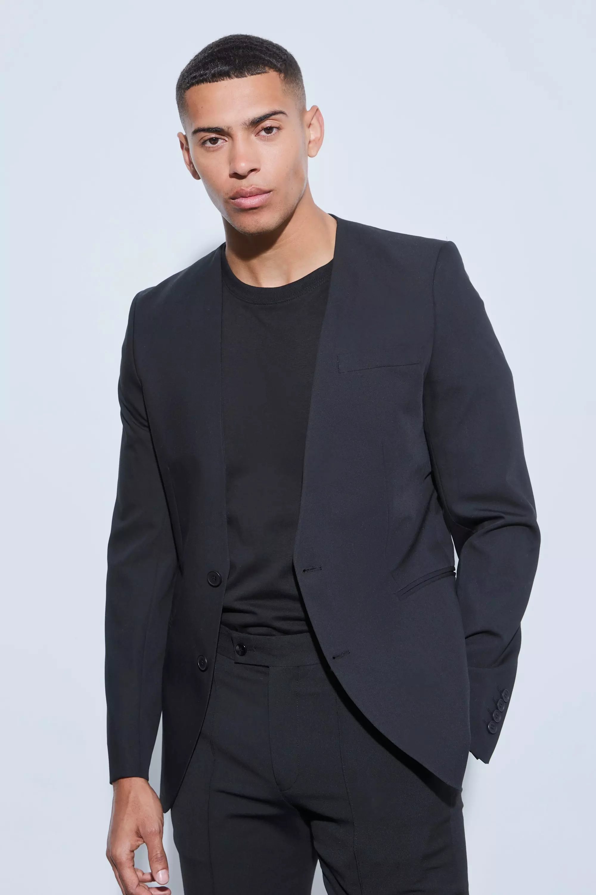 Black Skinny Fit Collarless Single Breasted Blazer alternative image
