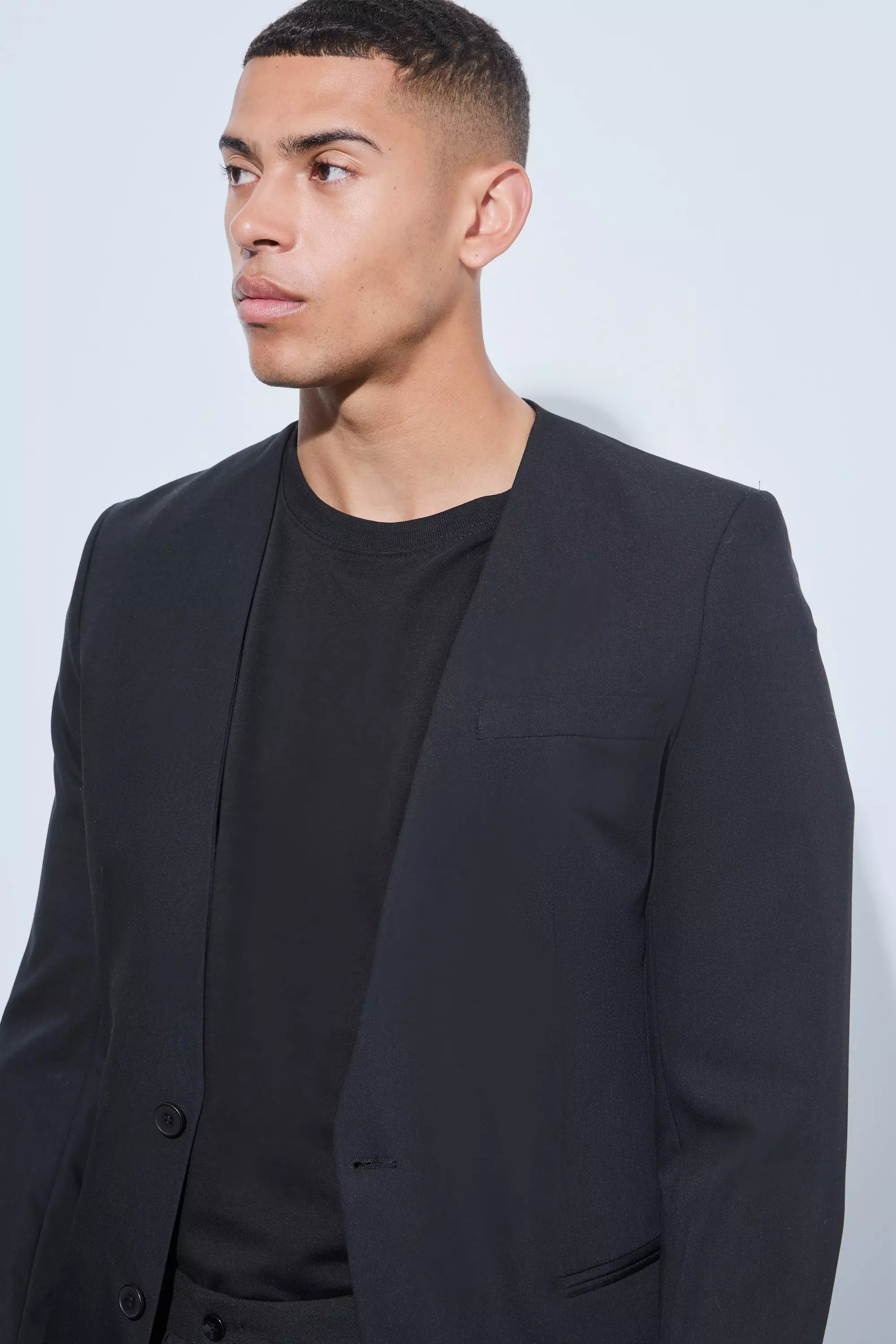 Black Skinny Fit Collarless Single Breasted Blazer alternative image
