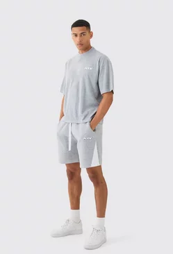 Man Oversized Boxy Contrast Sitch T-shirt Gusset Shorts Set Grey marl