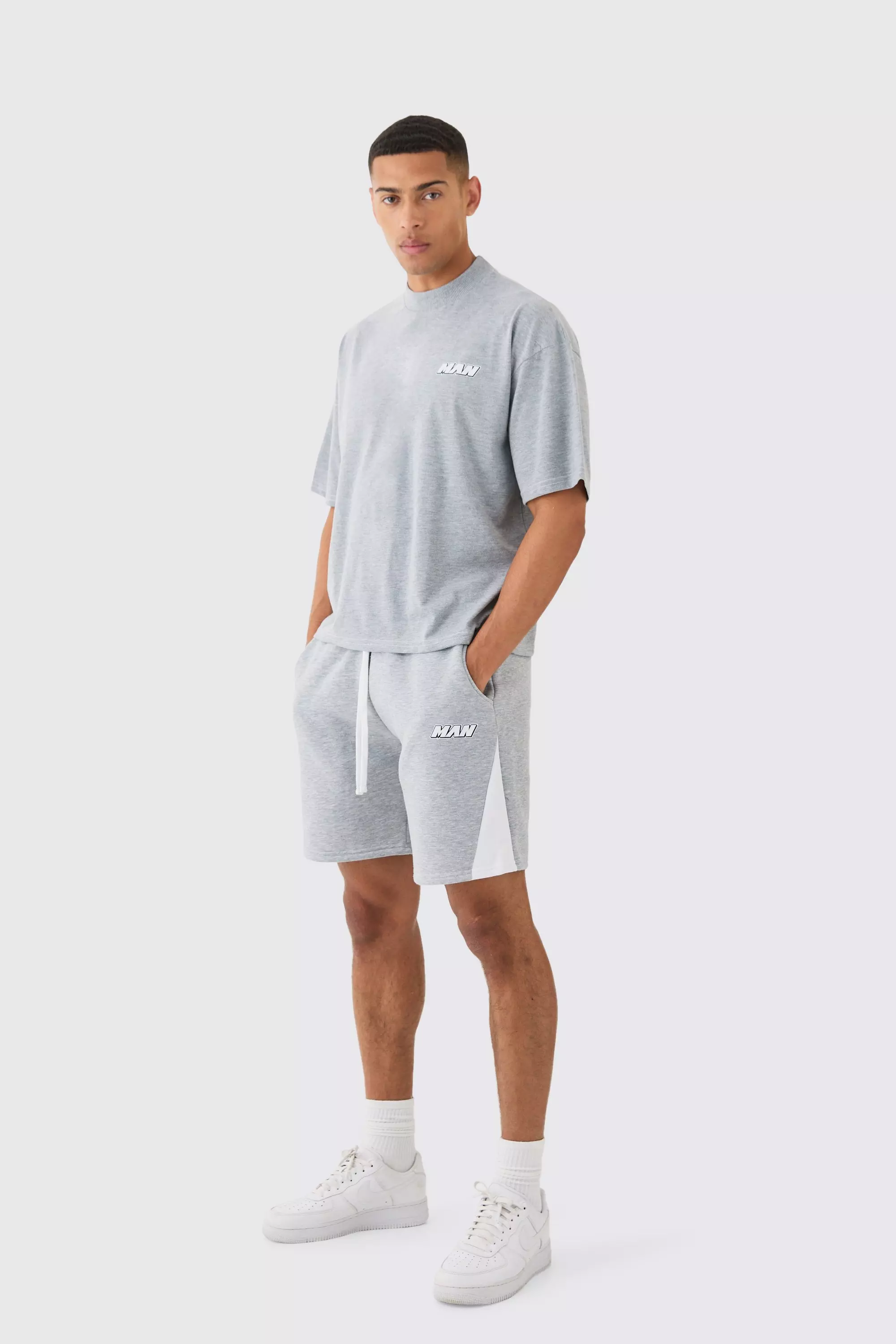 Man Oversized Boxy Contrast Sitch T-shirt Gusset Shorts Set Grey marl