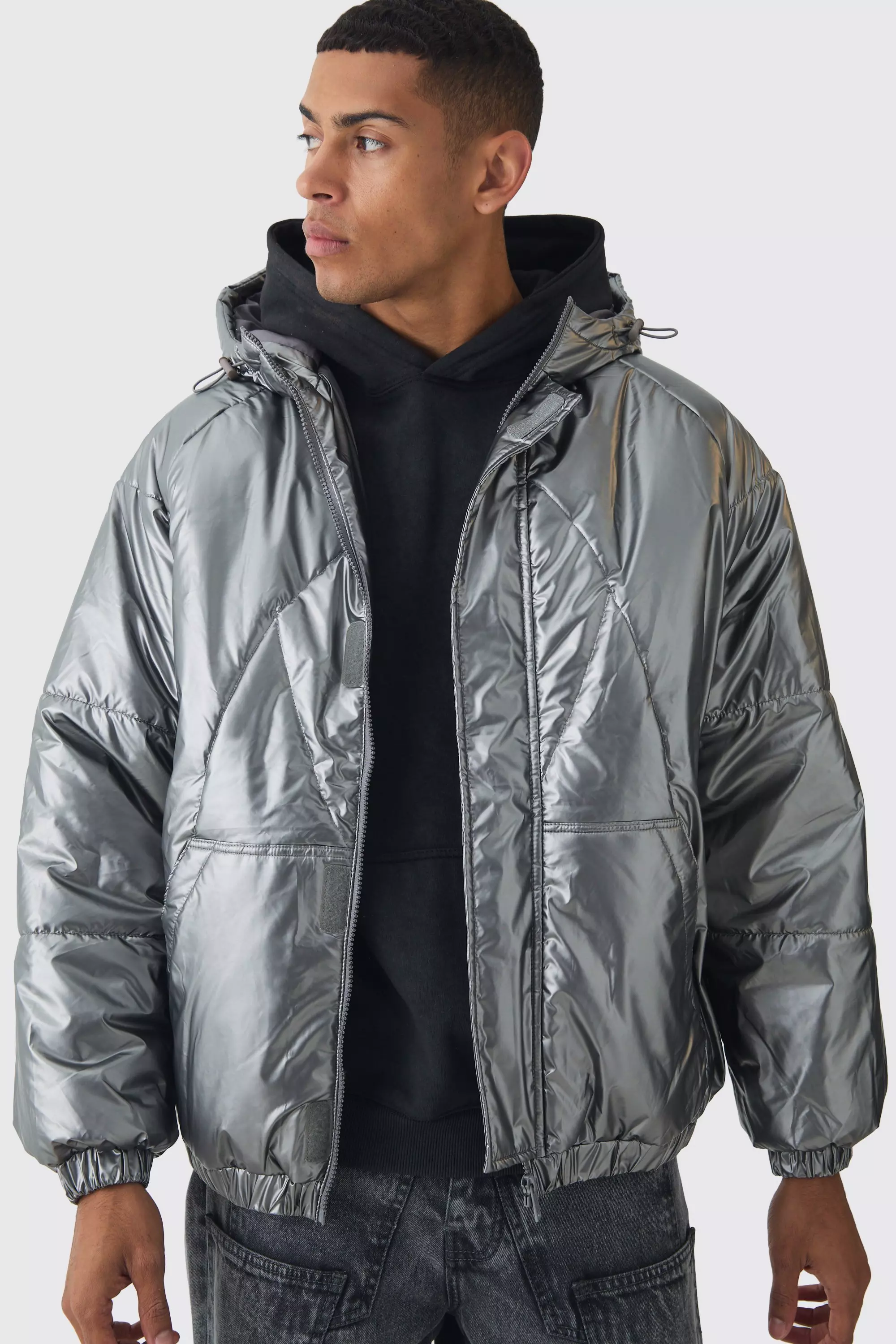 Oversized Metallic Hooded Puffer In Charcoal Charcoal