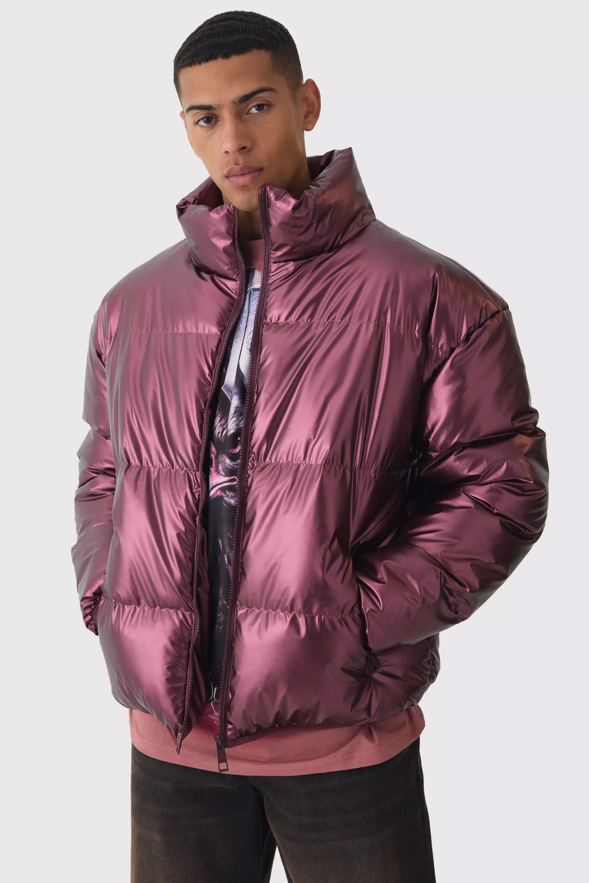 Metallic Funnel Neck Puffer In Wine Wine