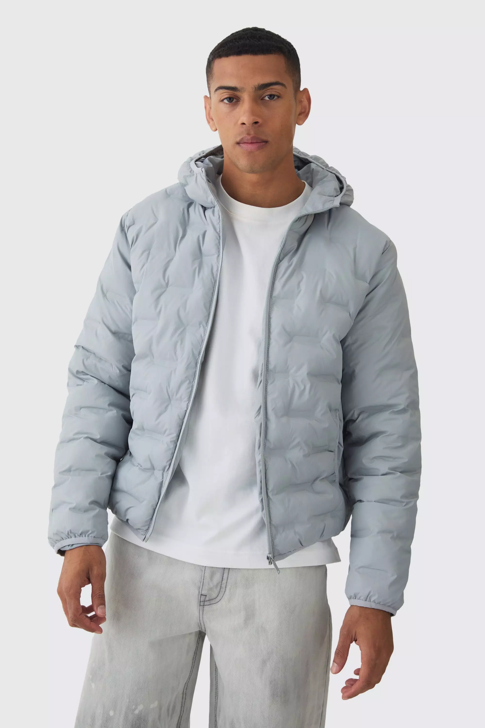 Hooded Heat Seal Quilted Jacket In Grey Grey