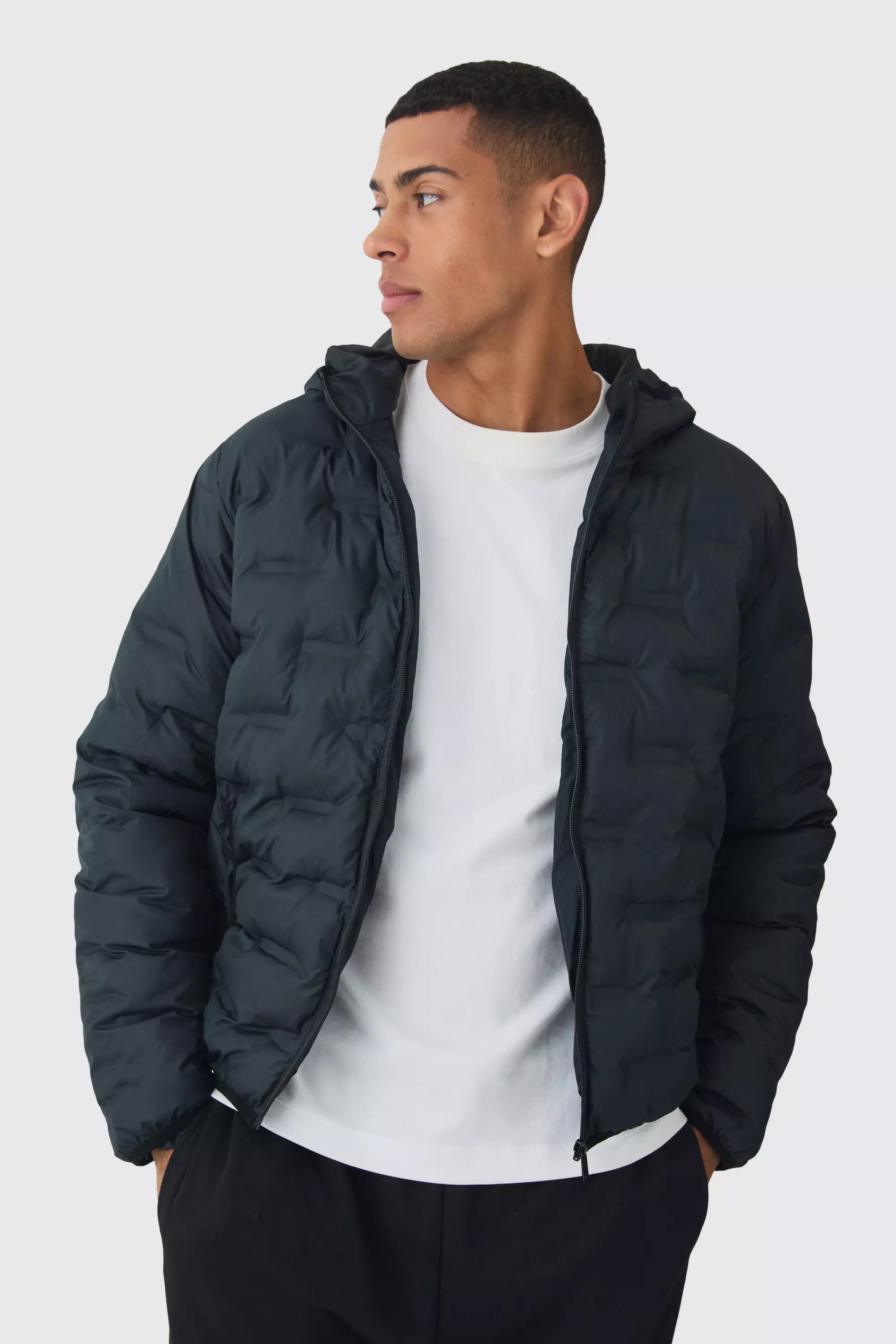 Hooded Heat Seal Quilted Jacket In Black Black