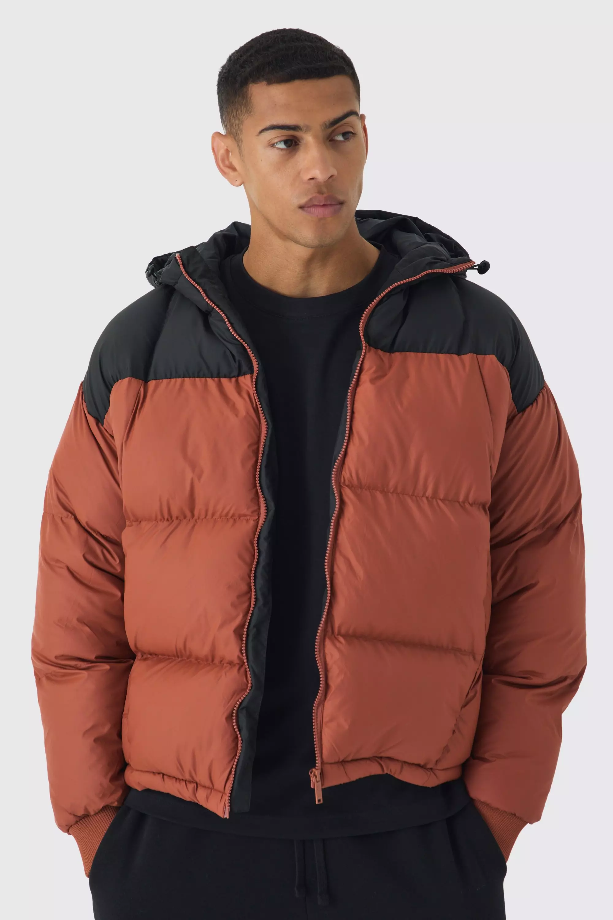 Kastige Colorblock Steppjacke mit Kapuze, Rust alternatives Bild