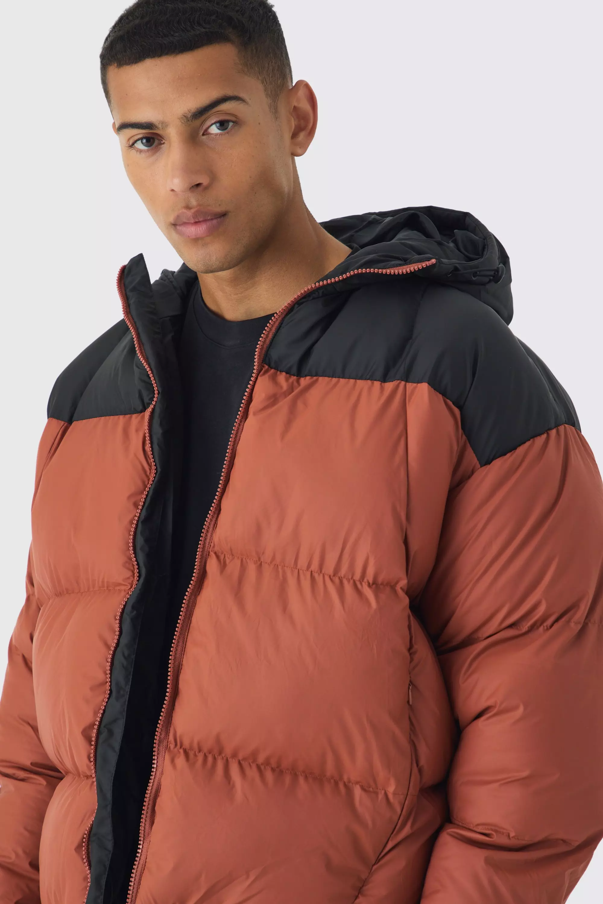Kastige Colorblock Steppjacke mit Kapuze, Rust alternatives Bild