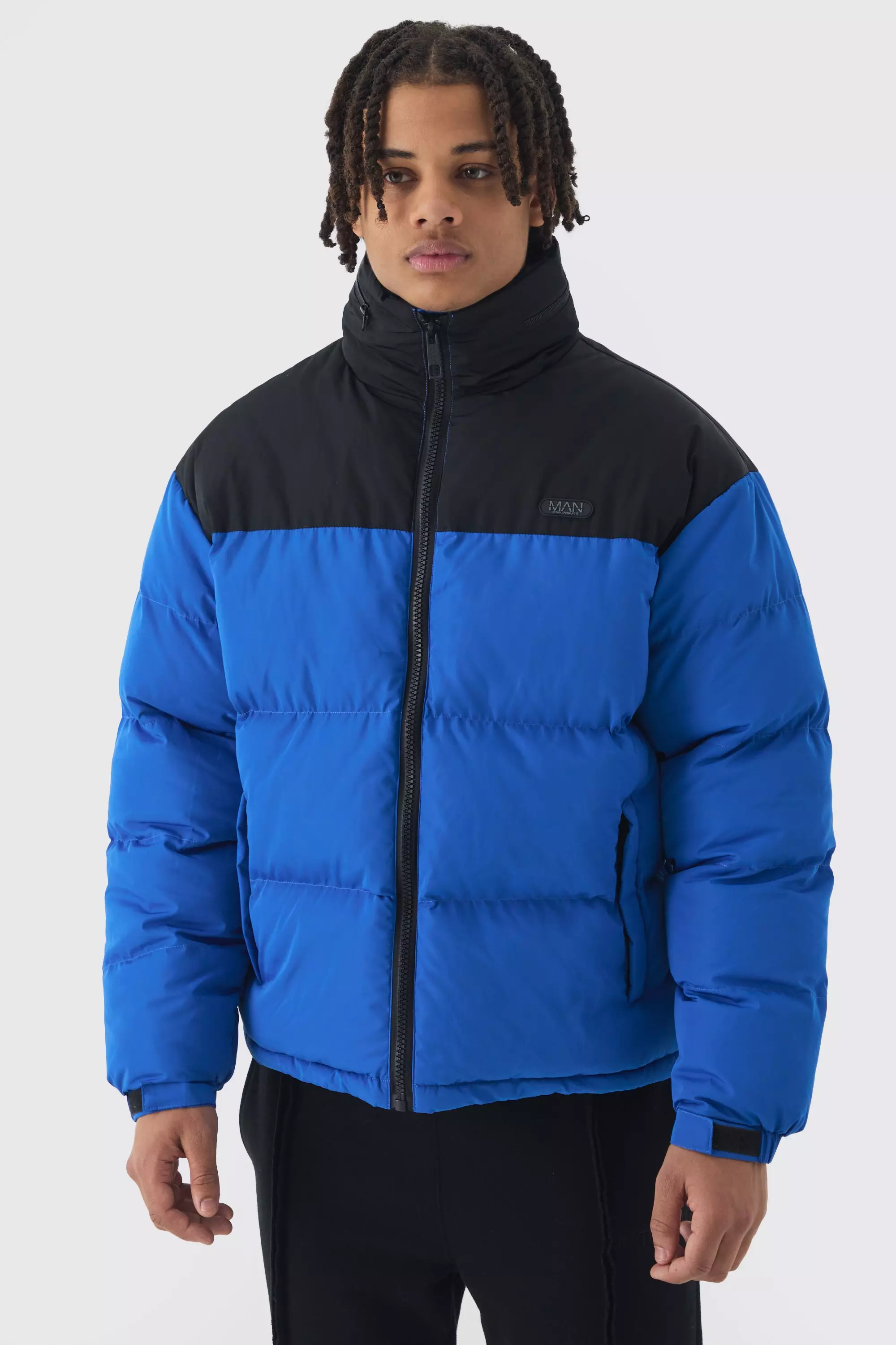 BoohooMAN Men s Man Tab Color Block Concealed Hood Puffer Coat in Blue Casual Jackets