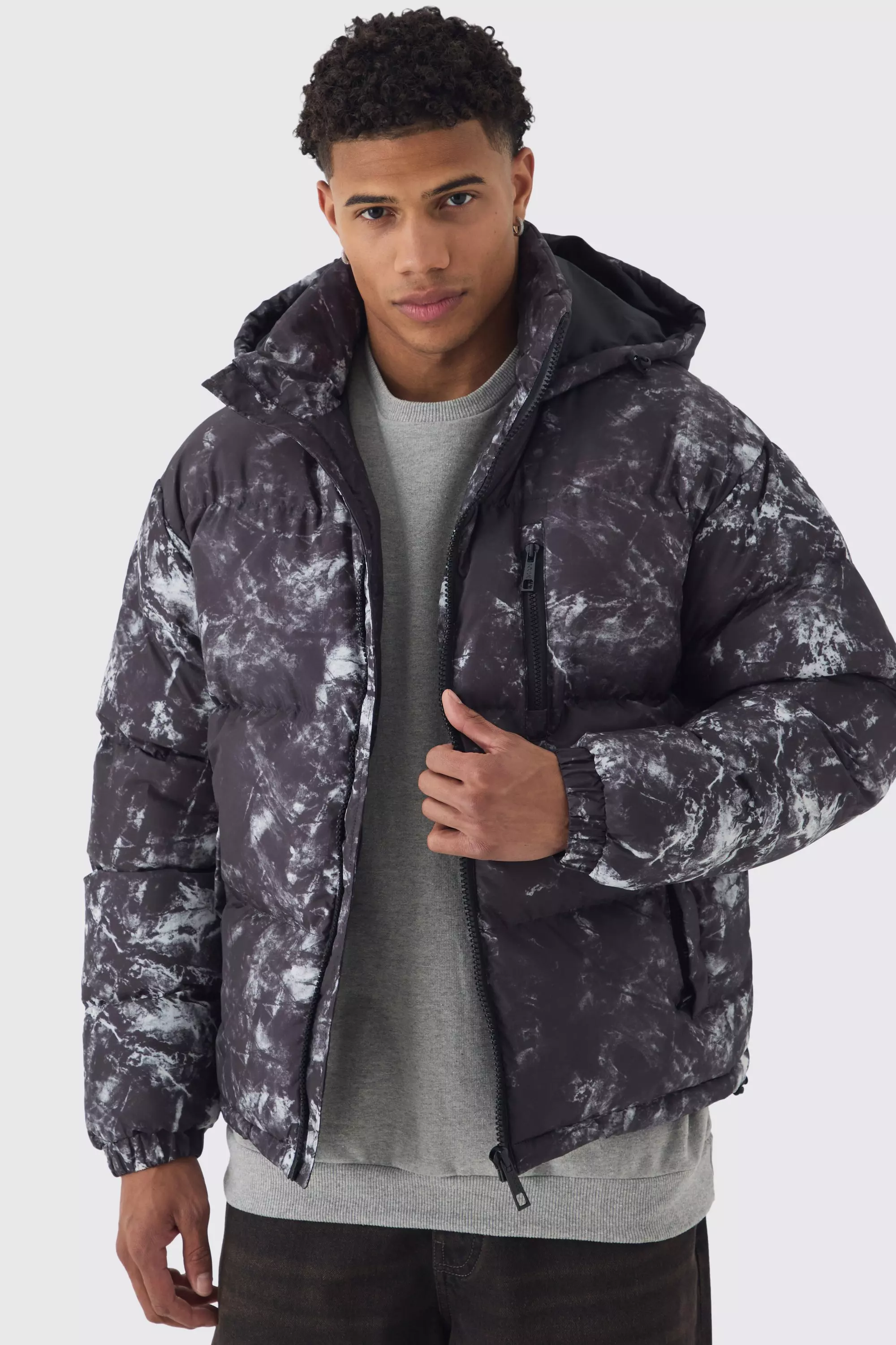 Grey Printed Hooded Puffer Coat In Charcoal