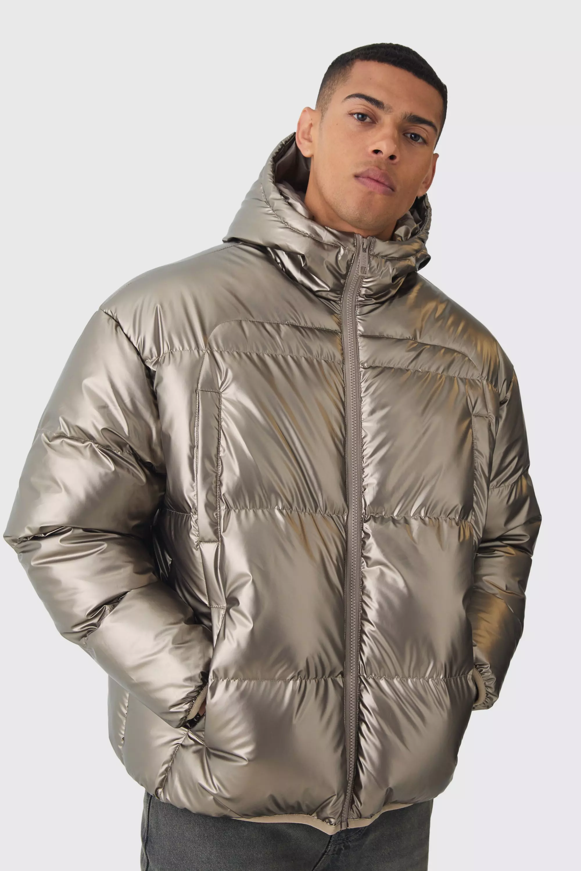 High Shine Hooded Quilted Puffer In Brown boohooMAN UK