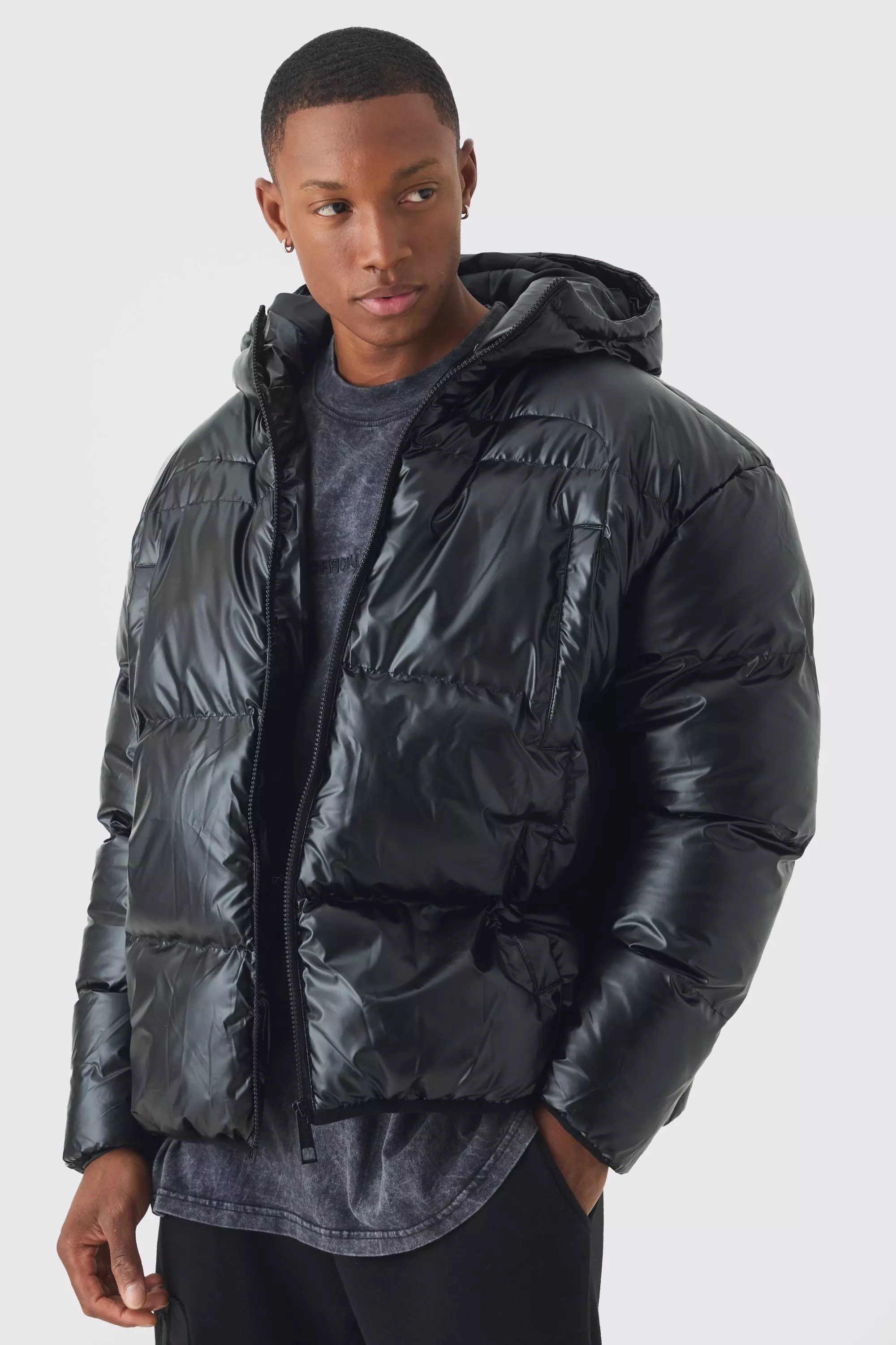 High Shine Hooded Quilted Puffer In Black Black