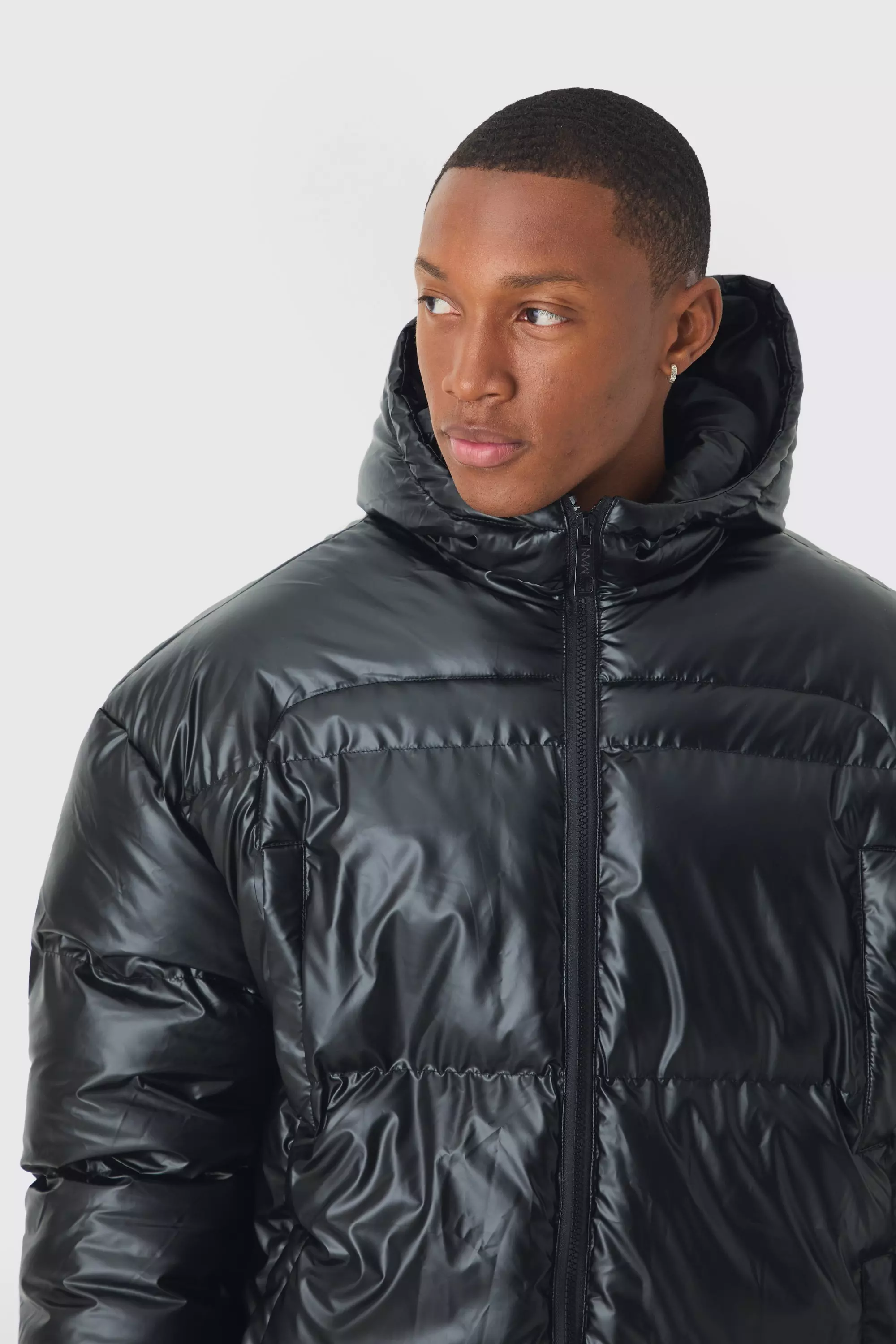 High Shine Hooded Quilted Puffer In Black boohooMAN UK