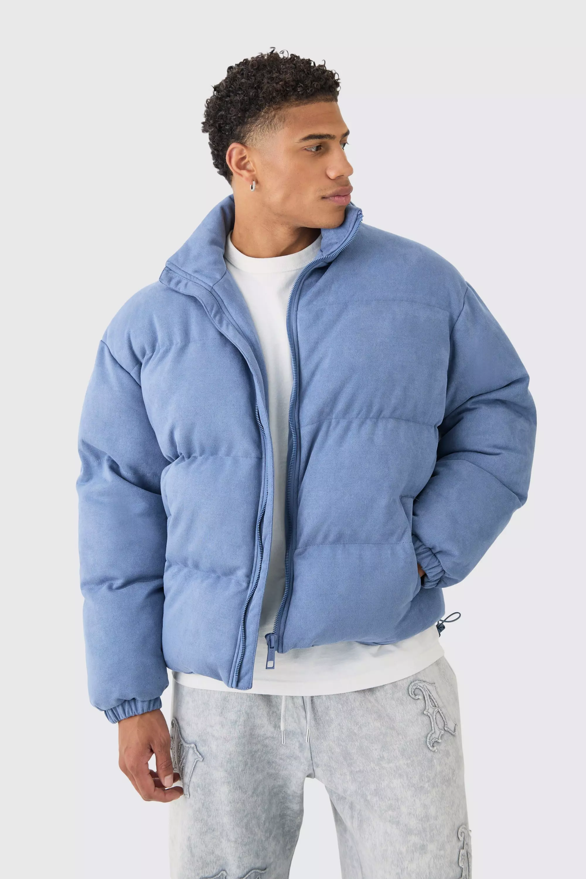 Faux Suede Funnel Neck Puffer Coat In Blue alternative image
