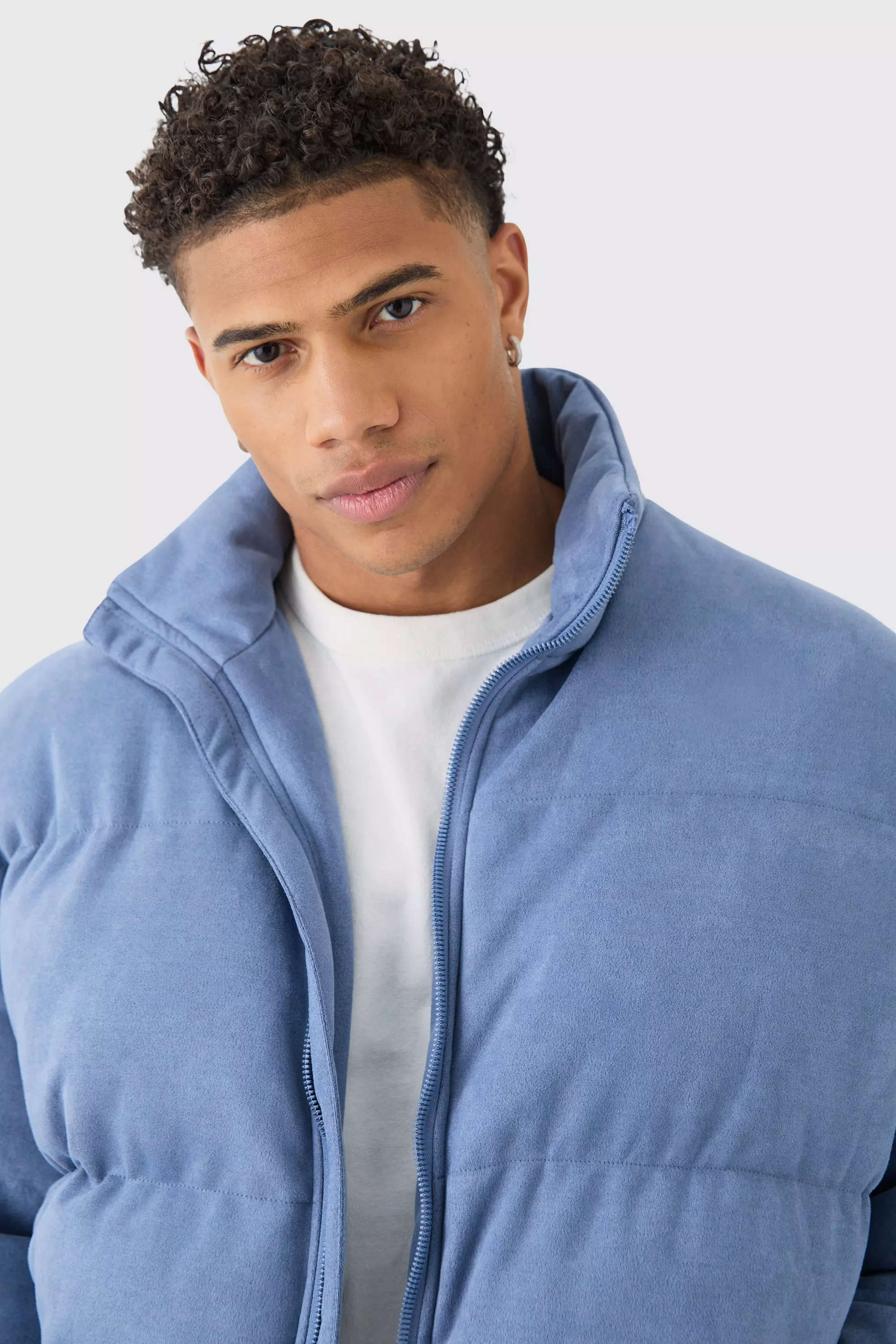 Faux Suede Funnel Neck Puffer Coat In Blue alternative image