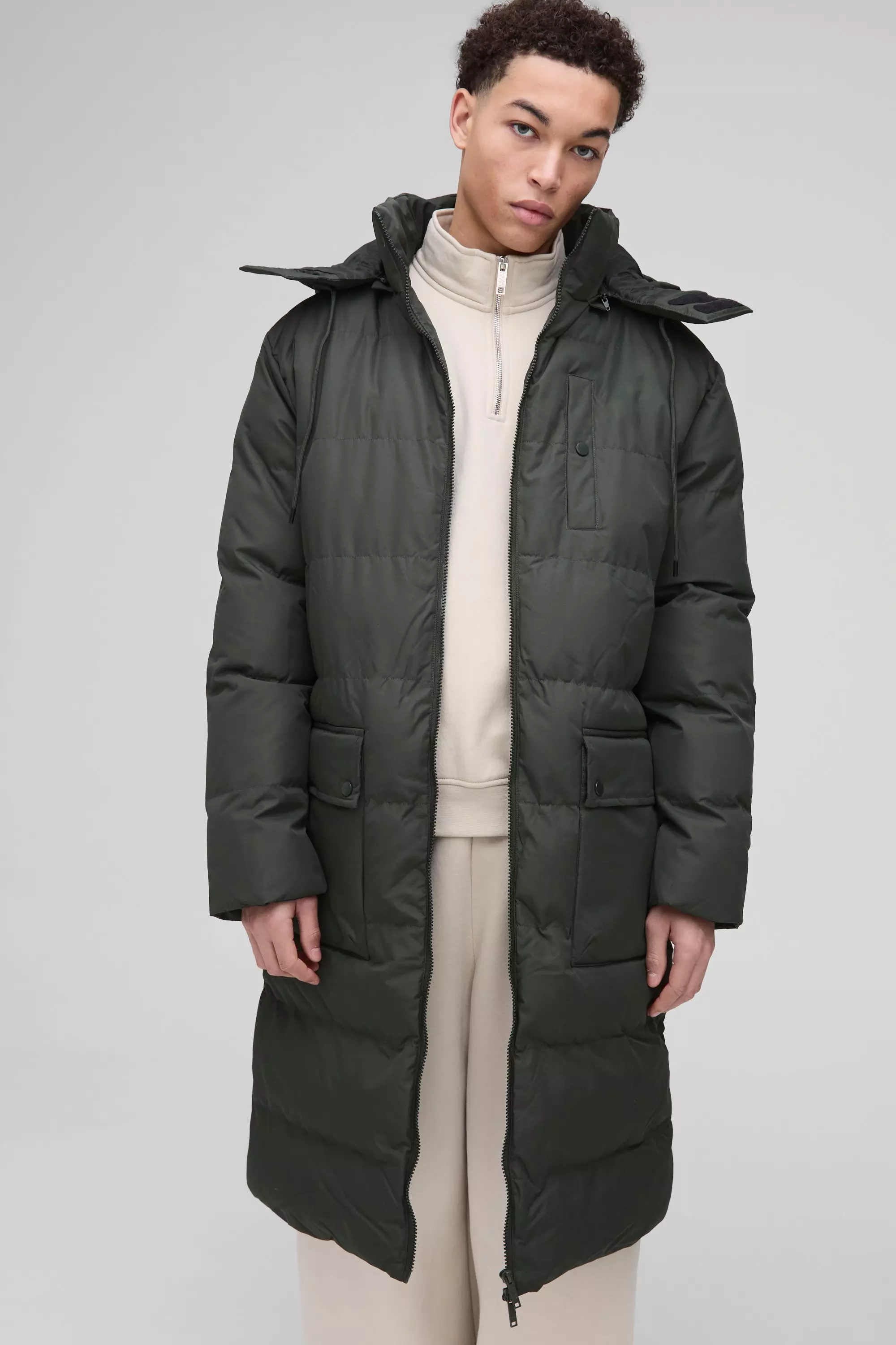 Longline Hooded Puffer Coat In Khaki alternative image