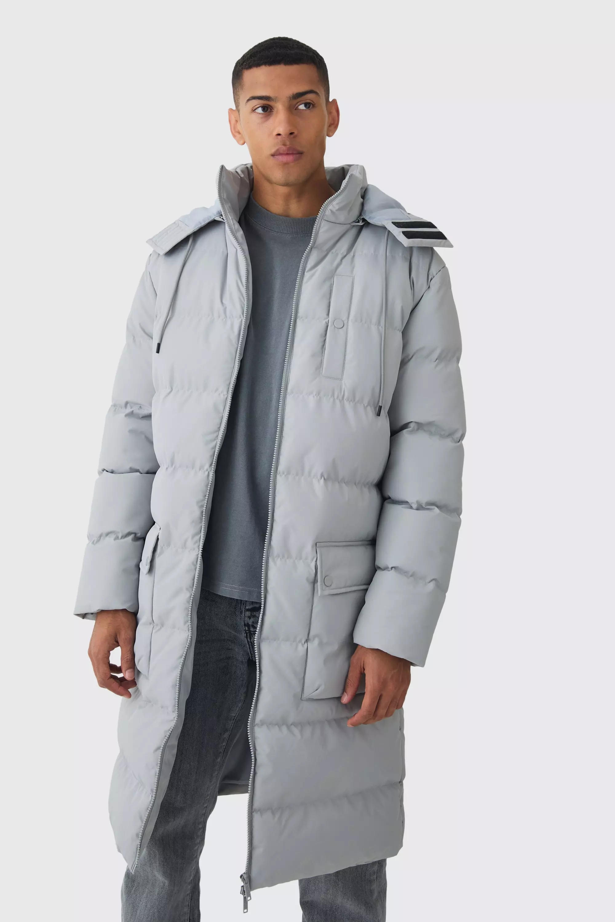 Grey marl Longline Hooded Puffer Coat In Grey alternative image