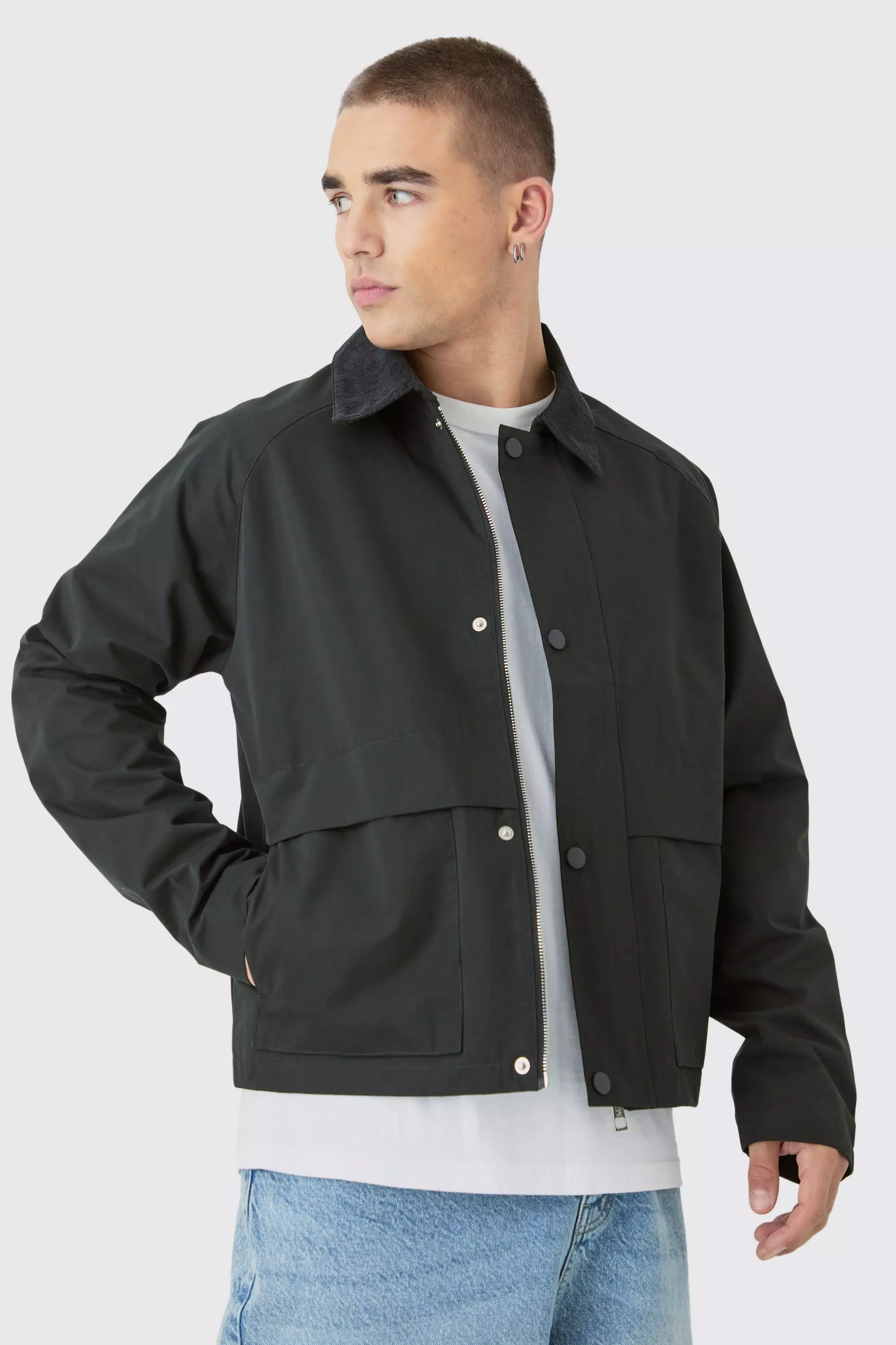 Black Boxy Cord Collar Worker Jacket In Black