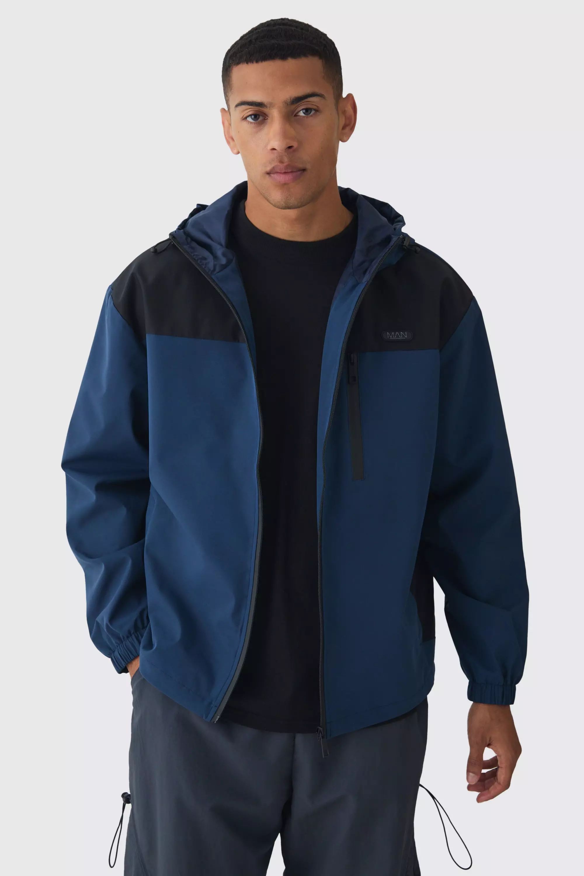 Oversized Man Tab Colour Block Hooded Windbreaker In Navy boohooMAN USA