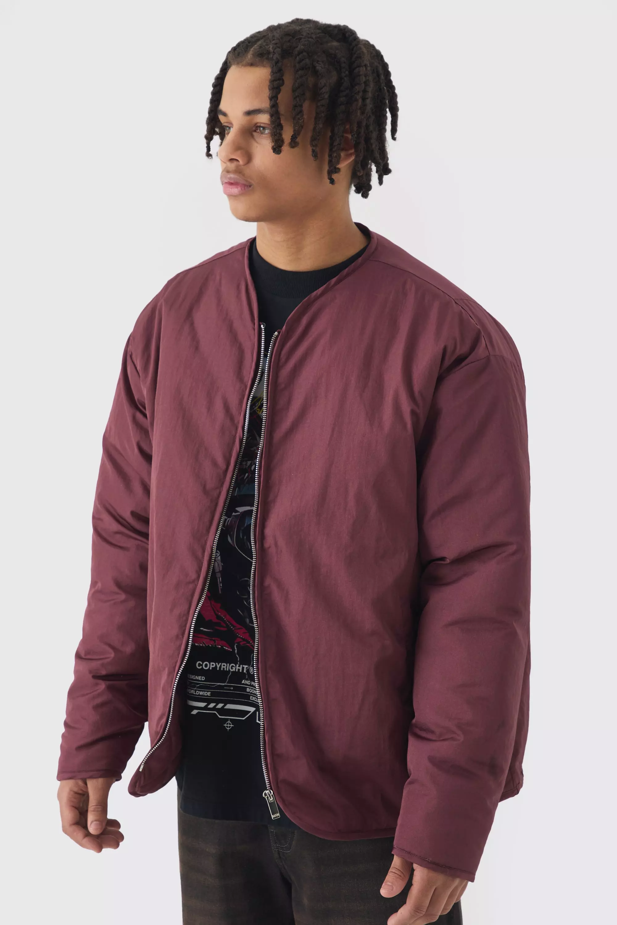 Oversized Collarless Padded Bomber In Wine Wine