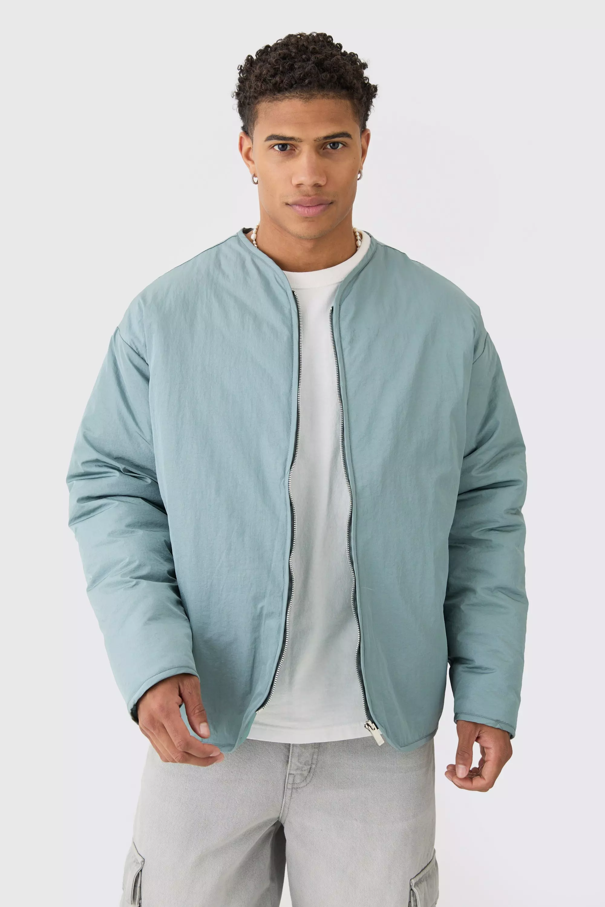 Oversized Collarless Padded Bomber In Slate Slate