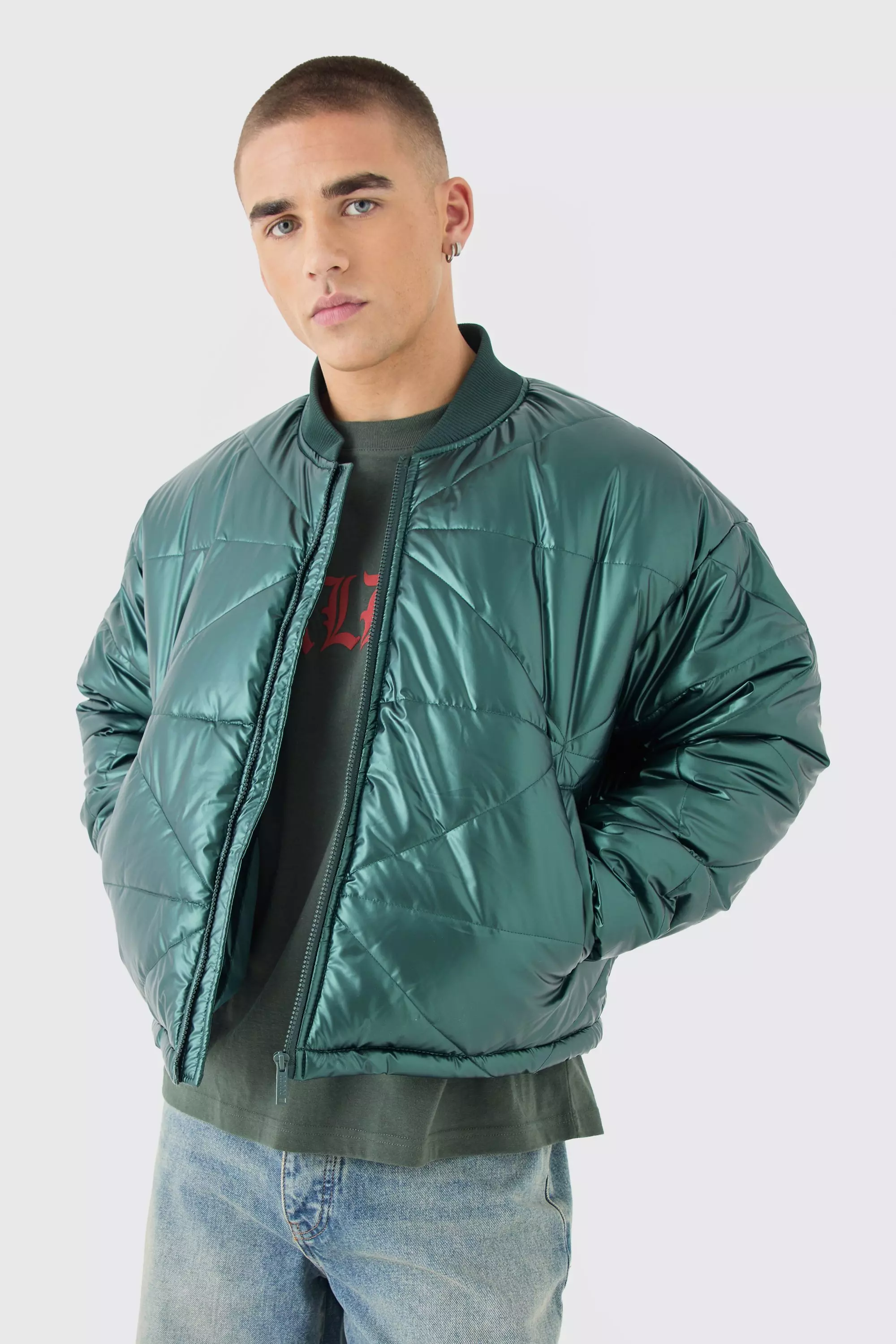 Boxy Metallic Abstract Quilted Bomber Jacket In Green boohooMAN USA