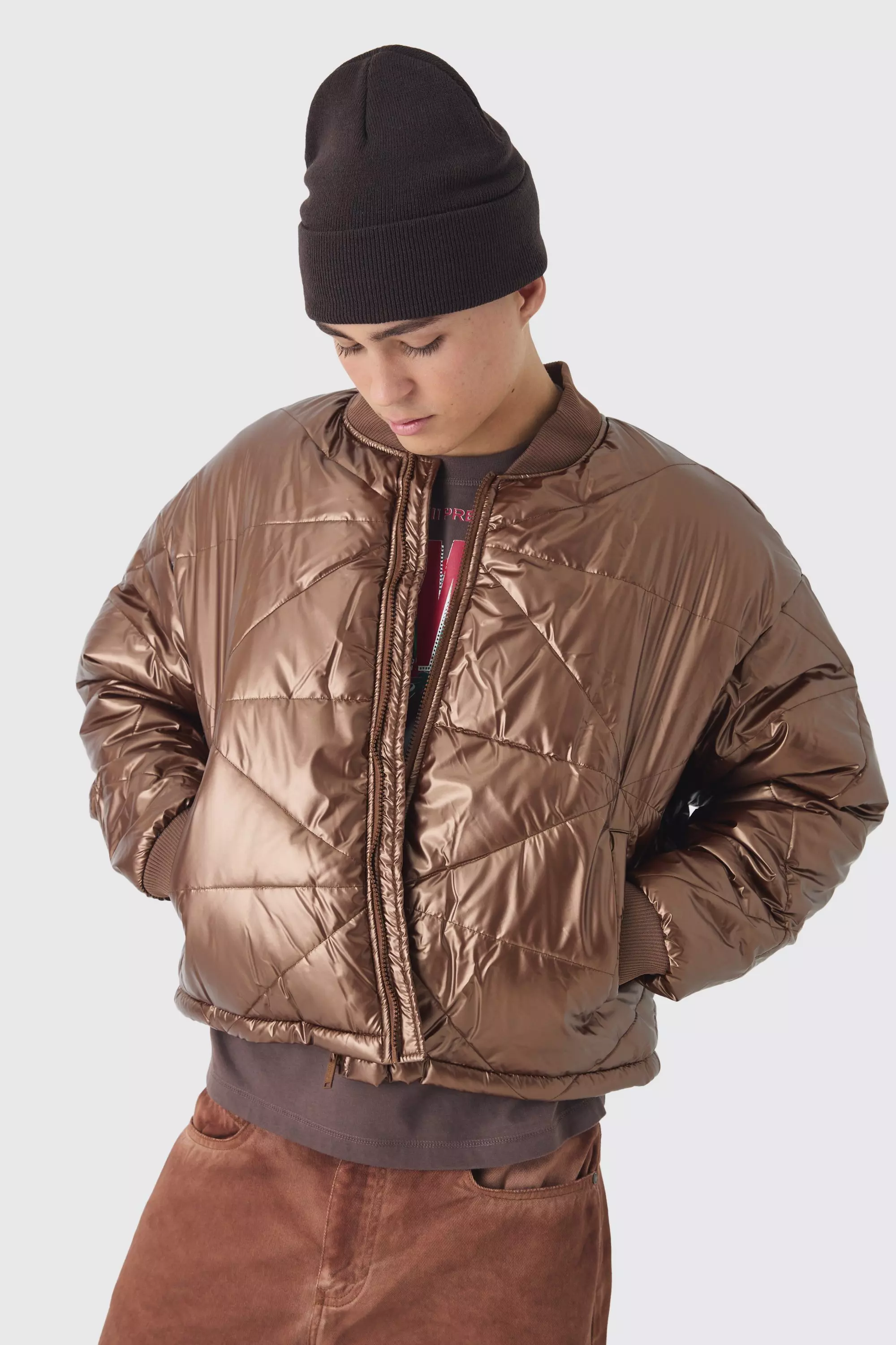 Boxy Metallic Abstract Quilted Bomber Jacket In Tan boohooMAN UK