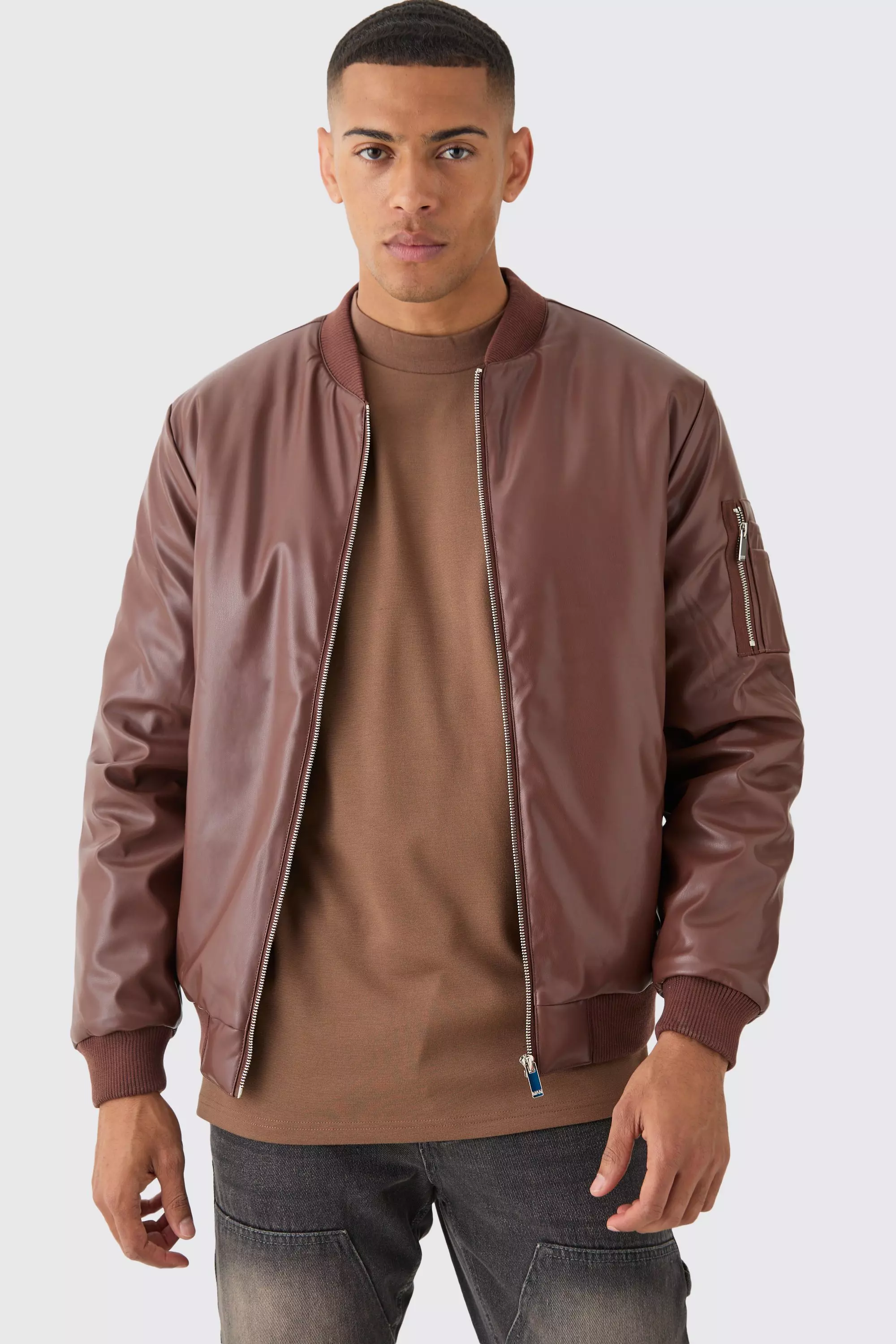 Padded PU Ma1 Bomber Jacket In Chocolate alternative image