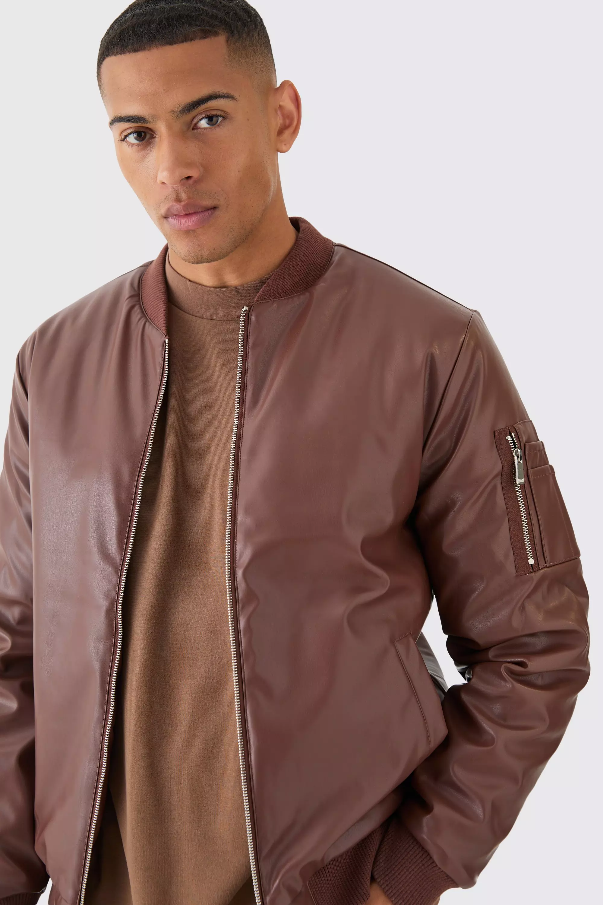 Padded PU Ma1 Bomber Jacket In Chocolate alternative image