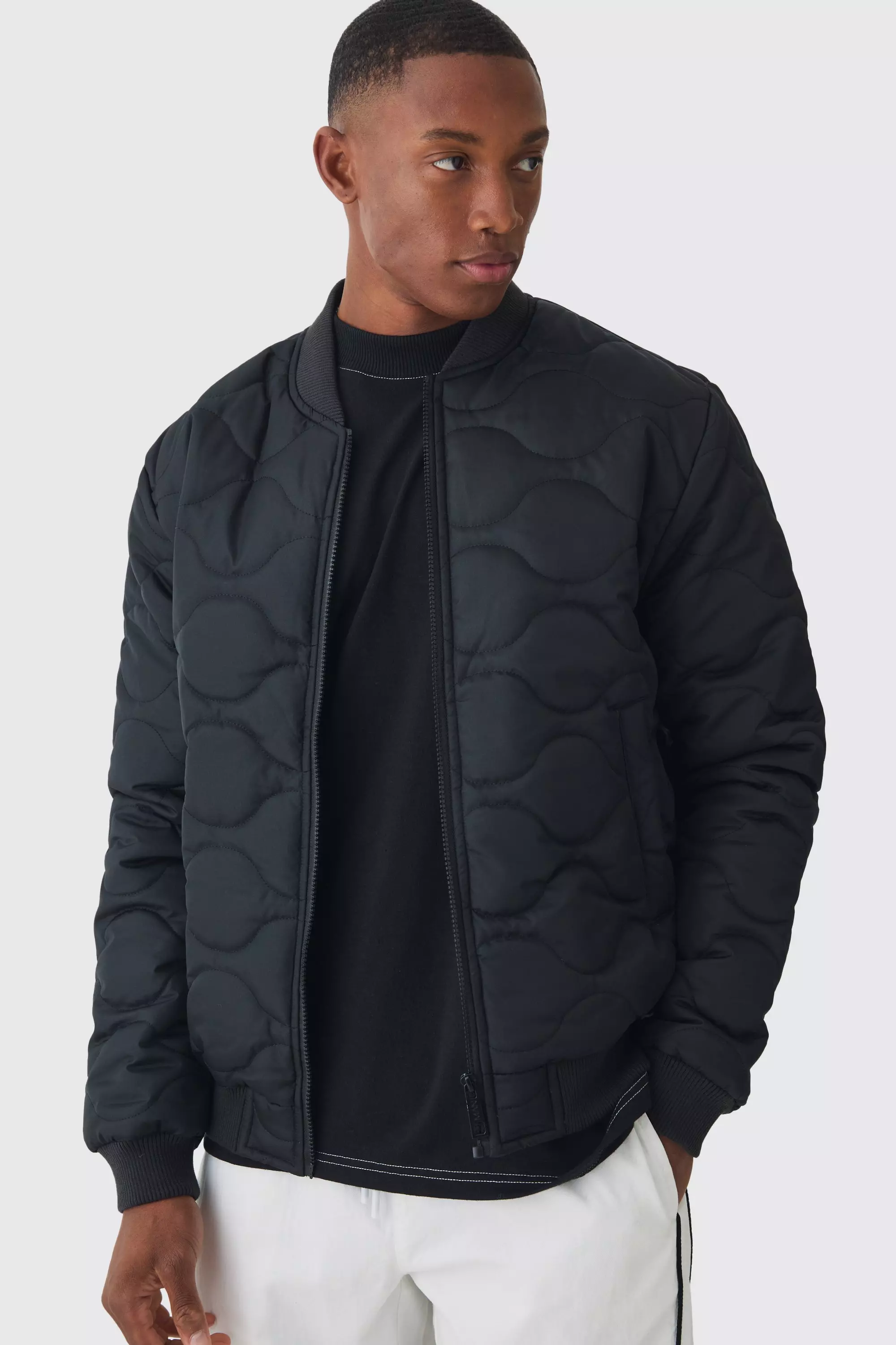 Official Quilted Bomber Jacket In Black boohooMAN