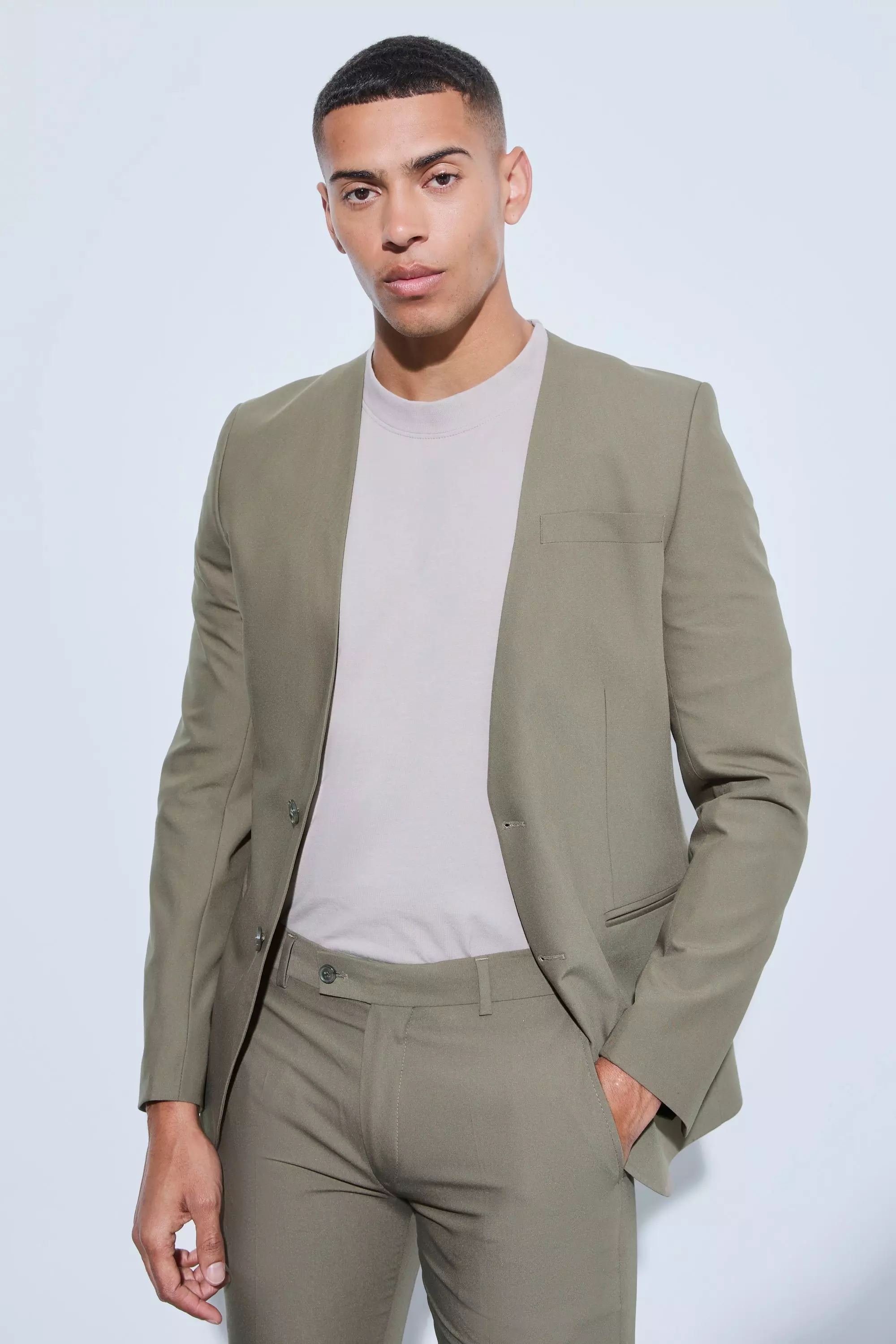 Skinny Fit Collarless Single Breasted Blazer Khaki