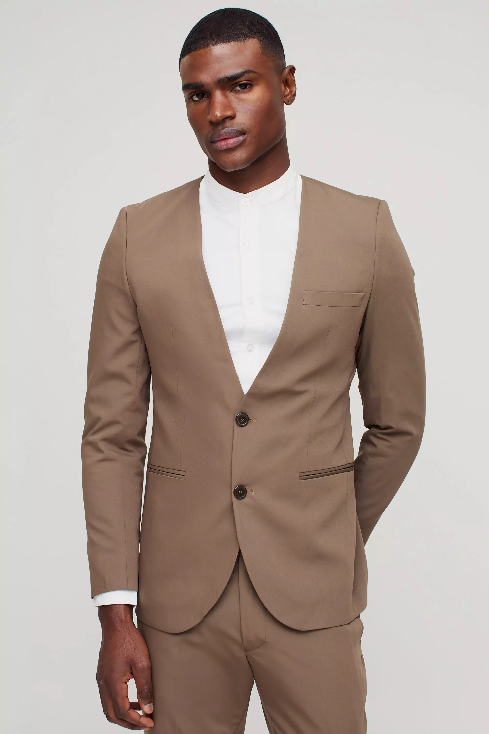 Khaki Skinny Fit Collarless Single Breasted Blazer alternative image
