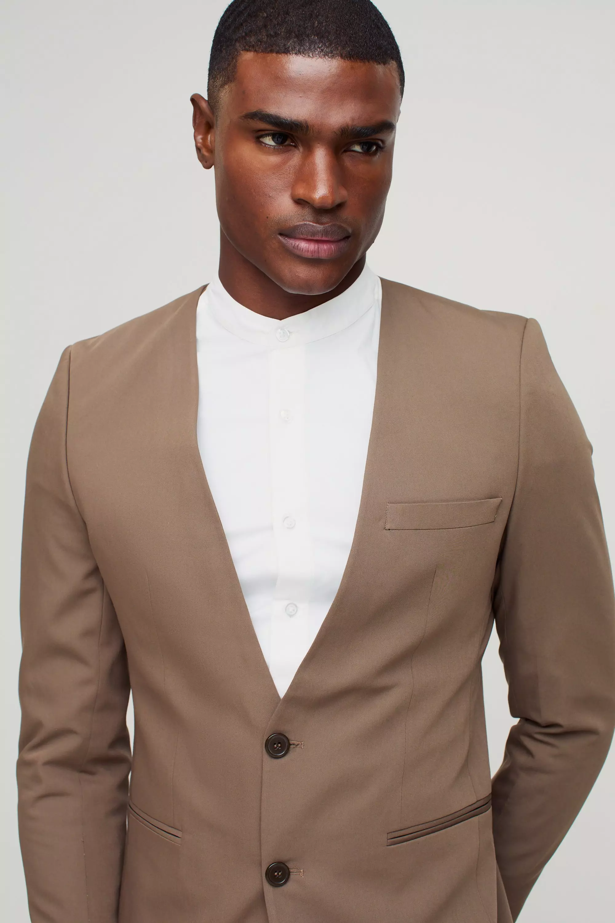 Khaki Skinny Fit Collarless Single Breasted Blazer alternative image