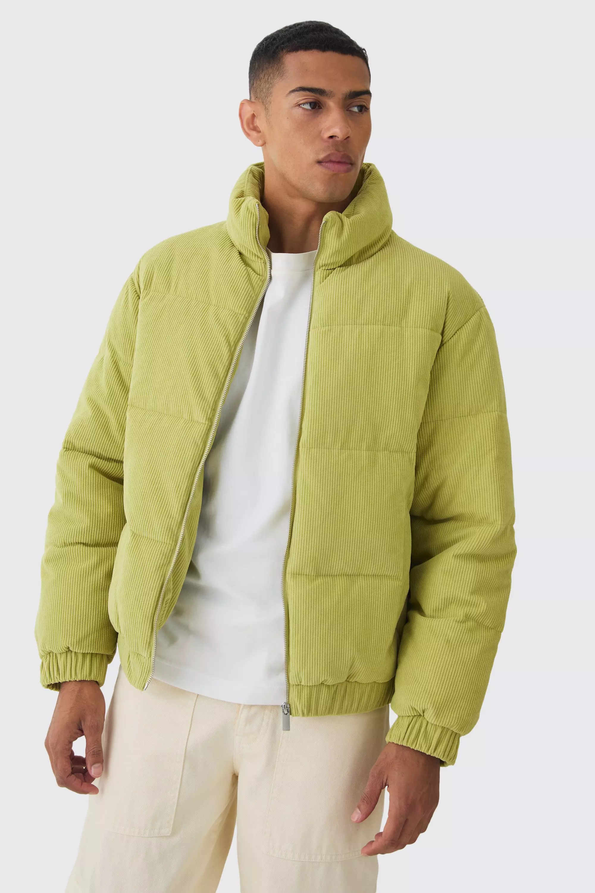 Cord Funnel Neck Puffer Coat In Lime Lime