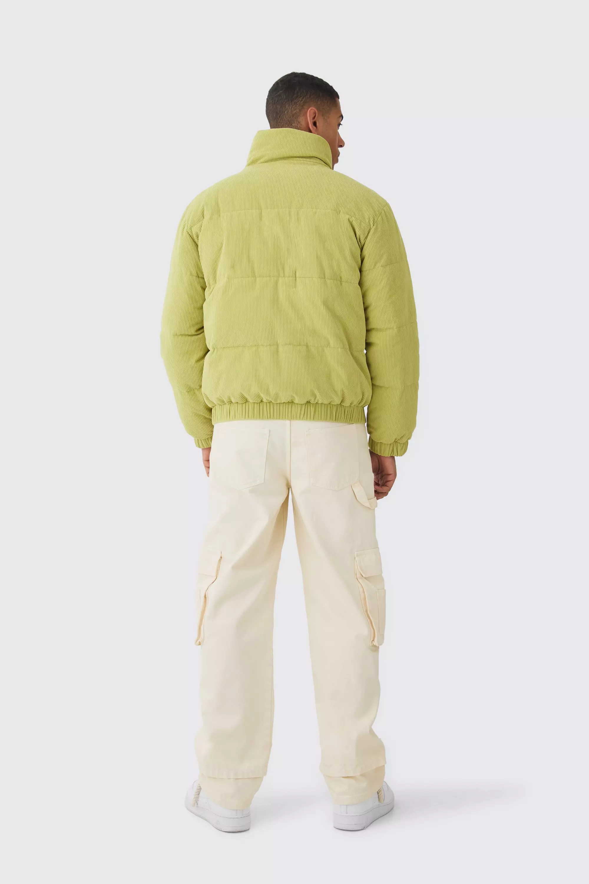 Cord Funnel Neck Puffer Coat In Lime alternative image