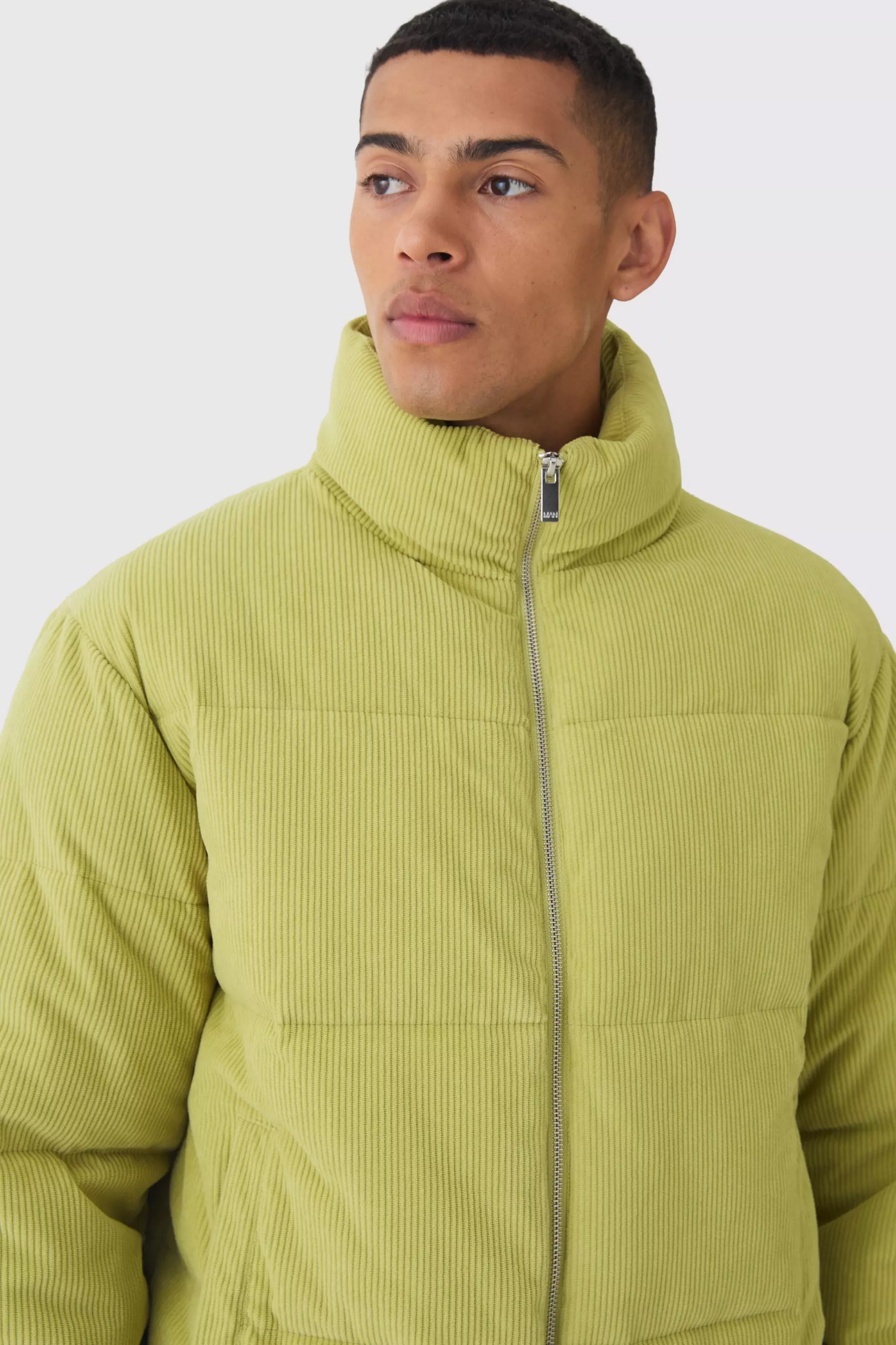 Cord Funnel Neck Puffer Coat In Lime alternative image