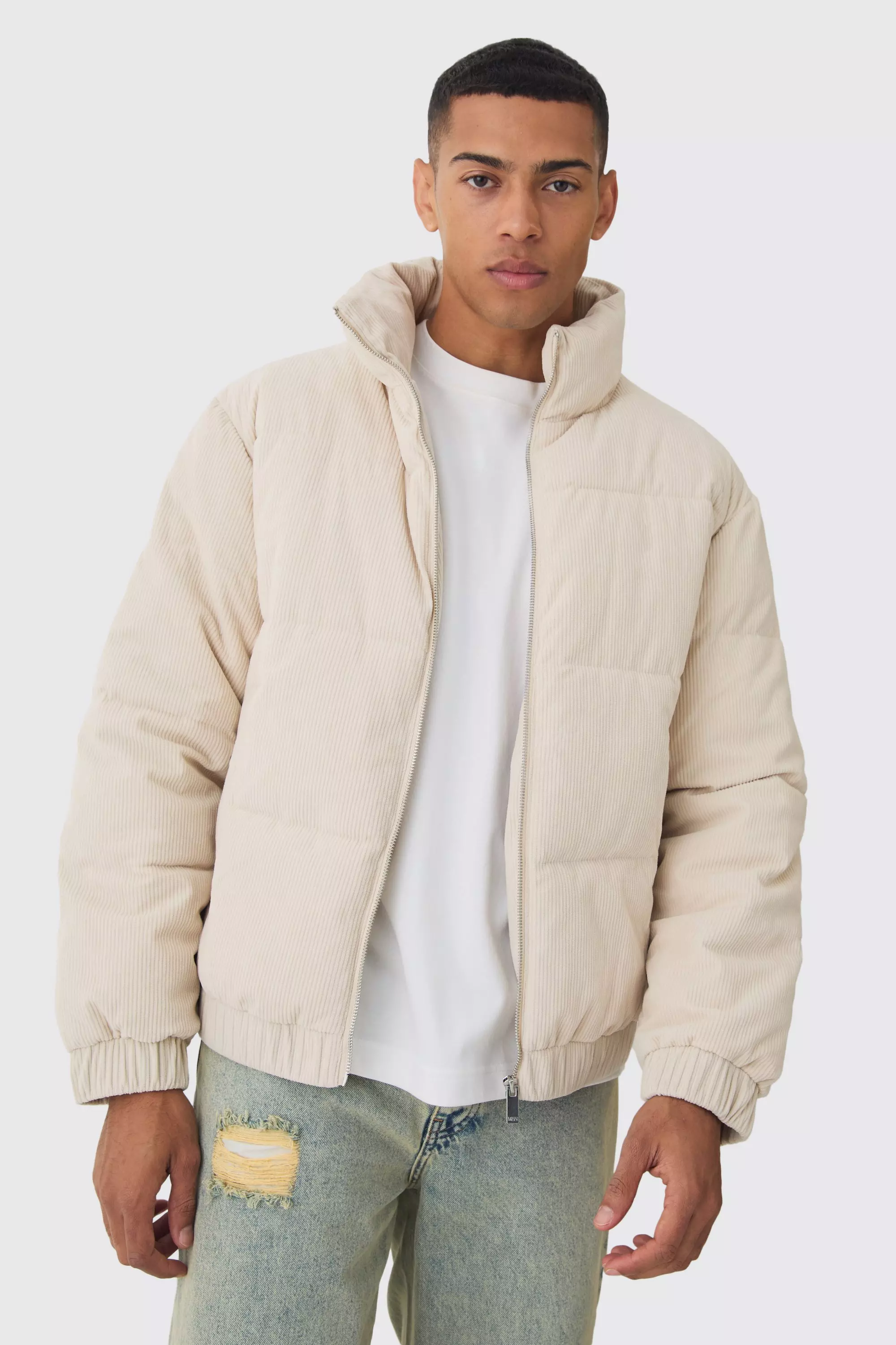 Cord Funnel Neck Puffer Coat In Ecru Ecru