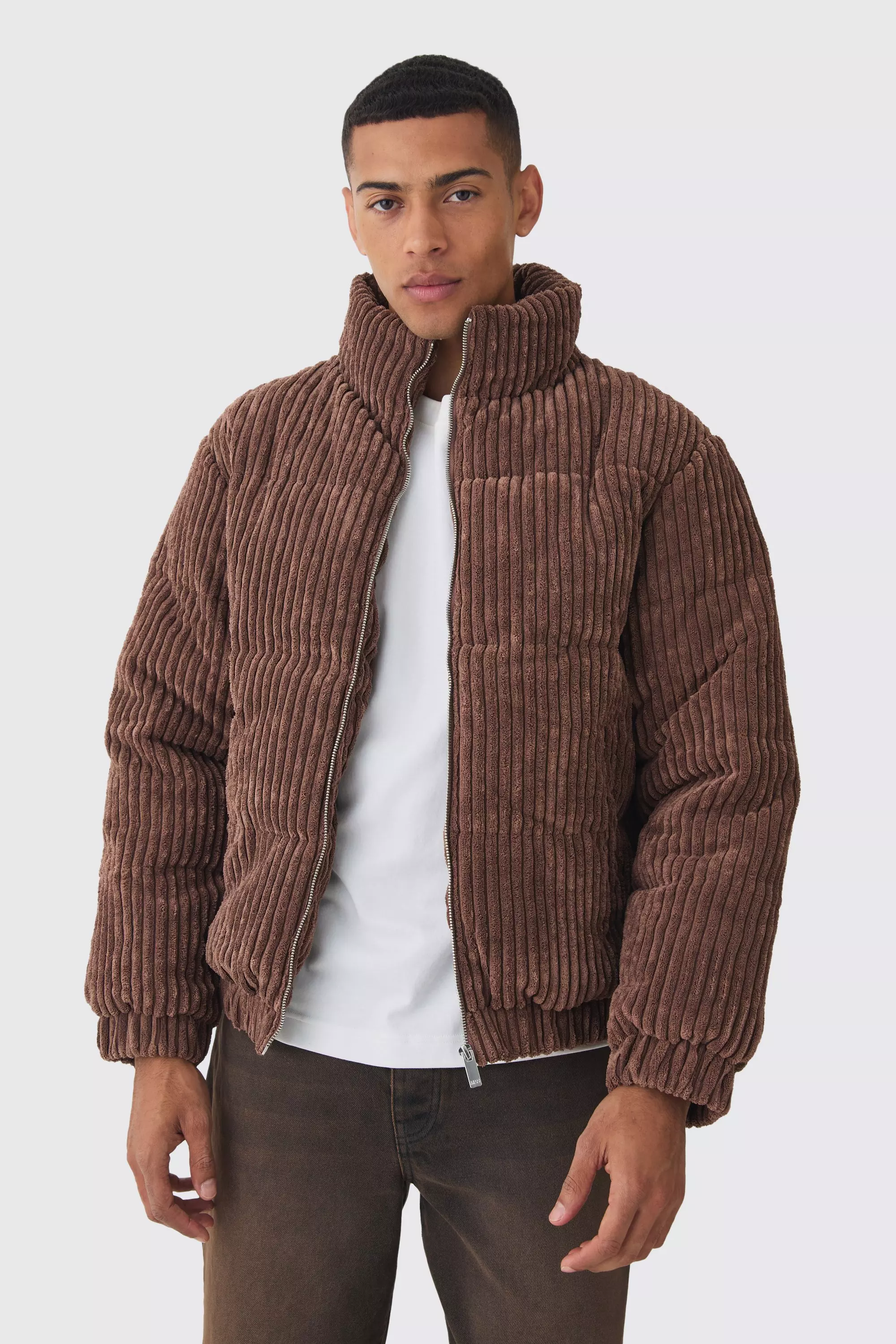 Jumbo Cord Funnel Neck Puffer Coat In Chocolate Chocolate