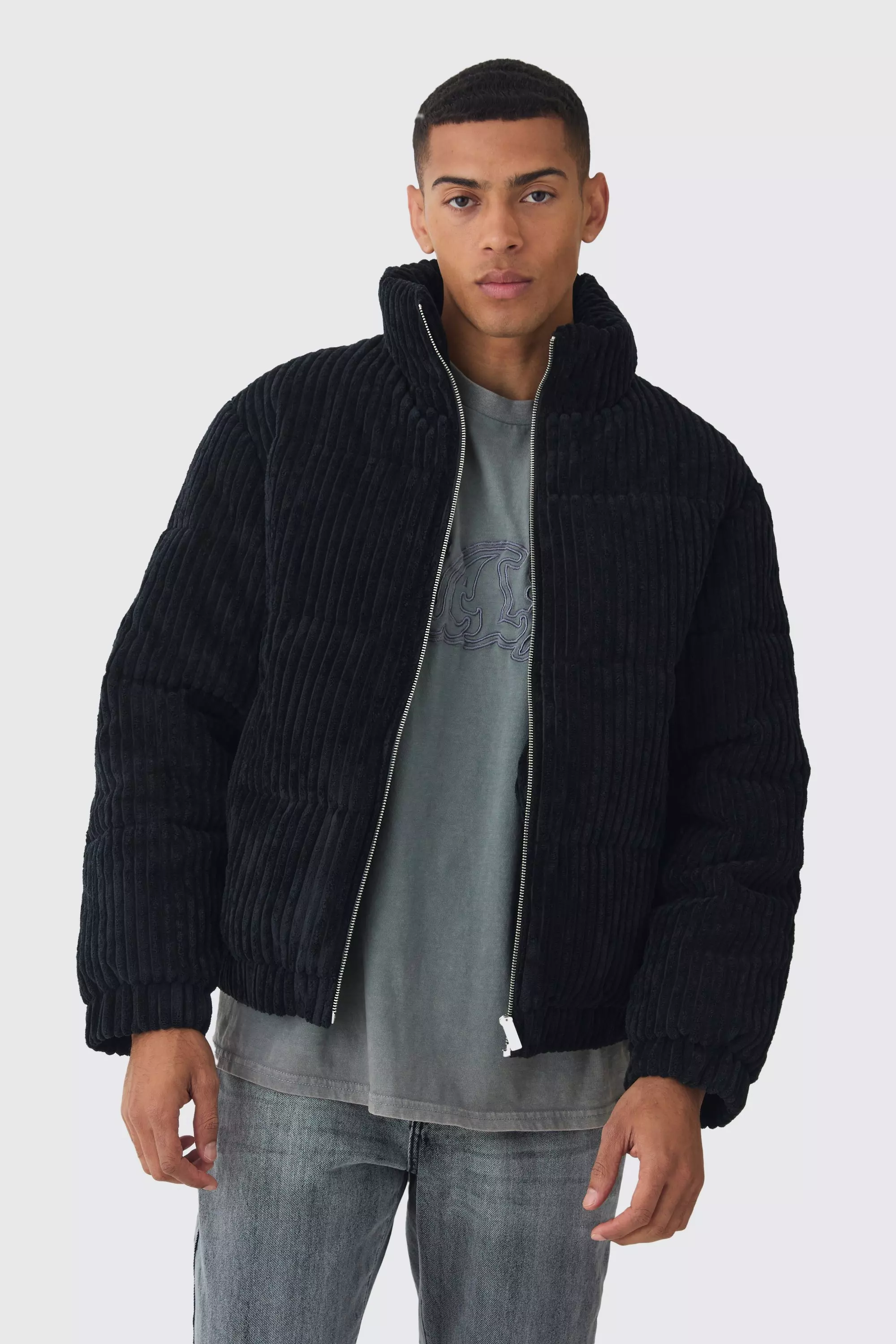 Cord puffer jacket black best sale