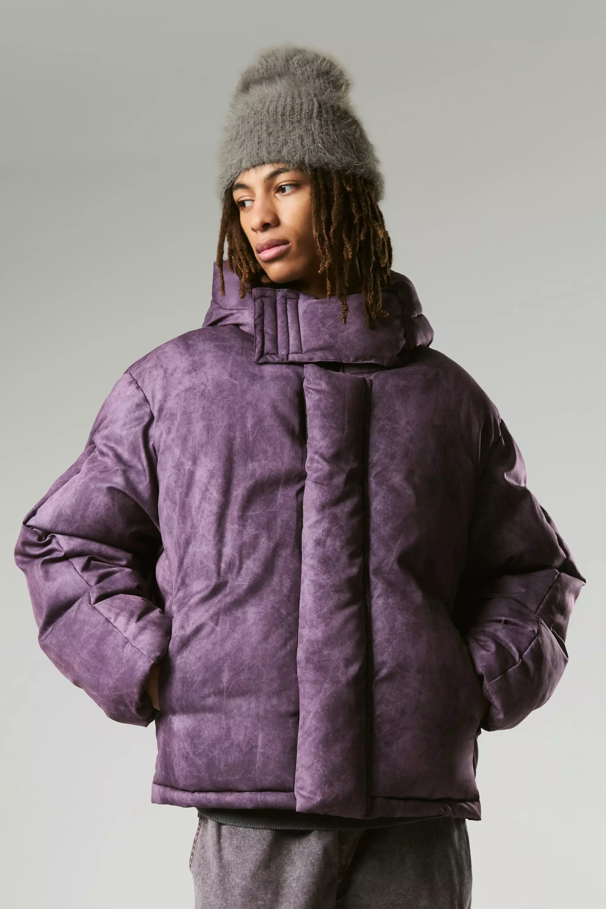 Purple puff coat online