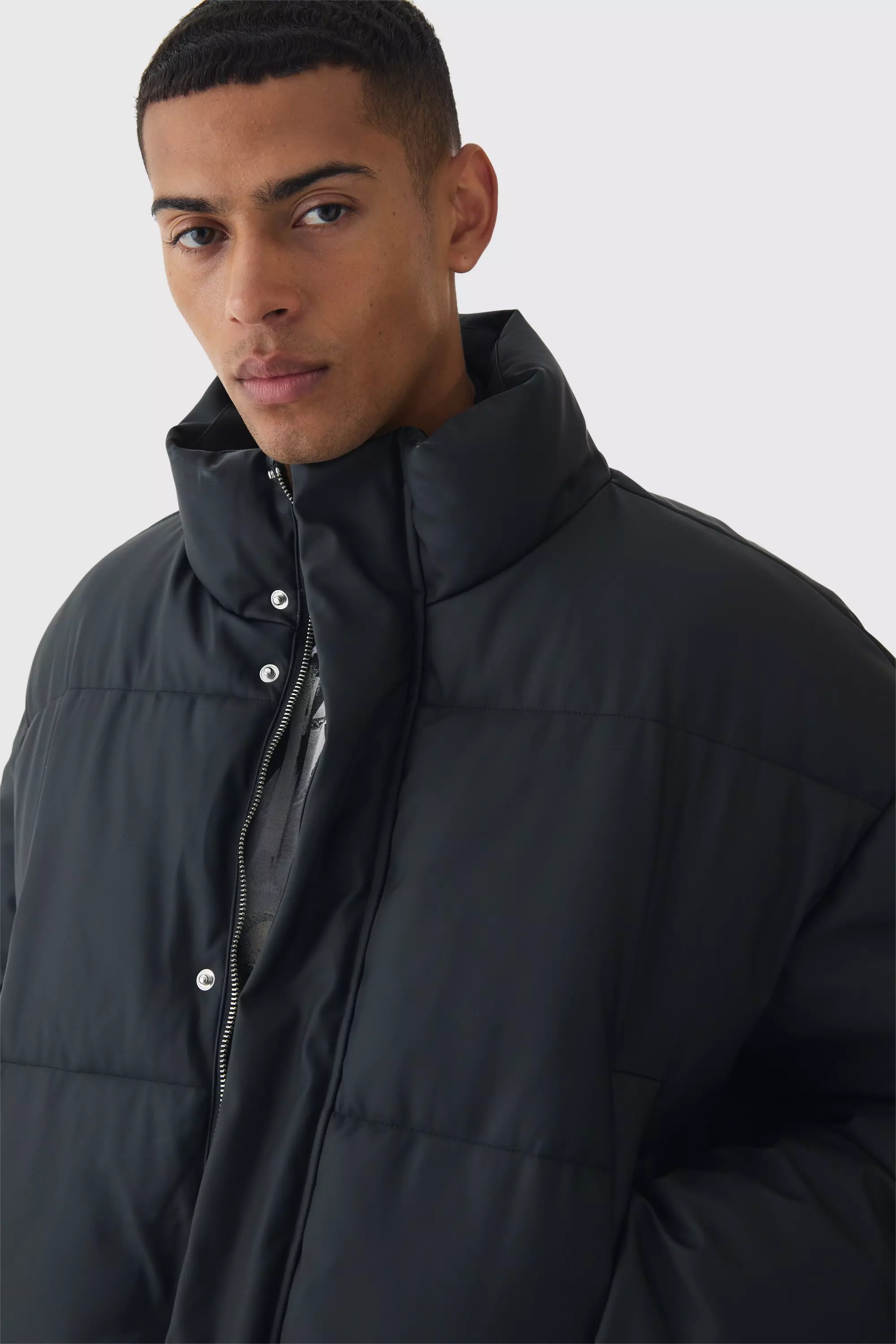 Matte PU Funnel Neck Puffer In Black boohooMAN UK