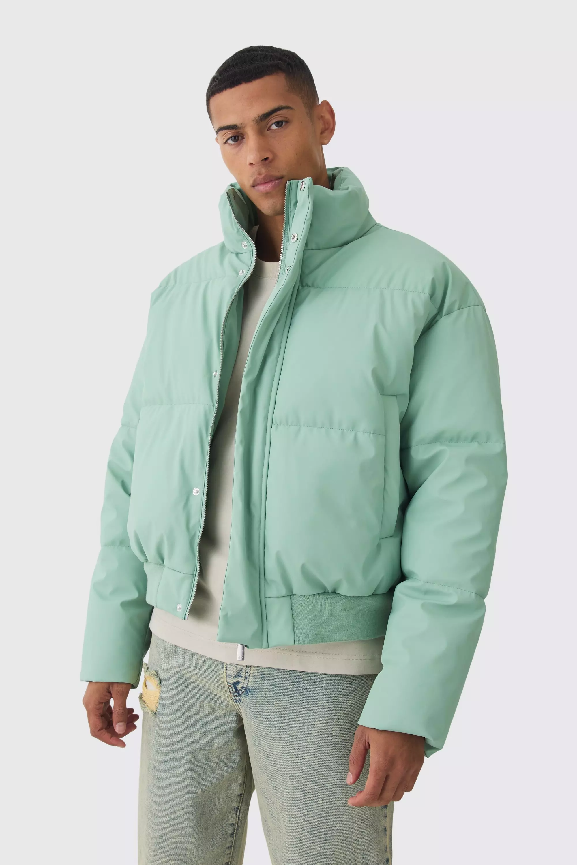 Matte PU Funnel Neck Puffer In Sage Sage