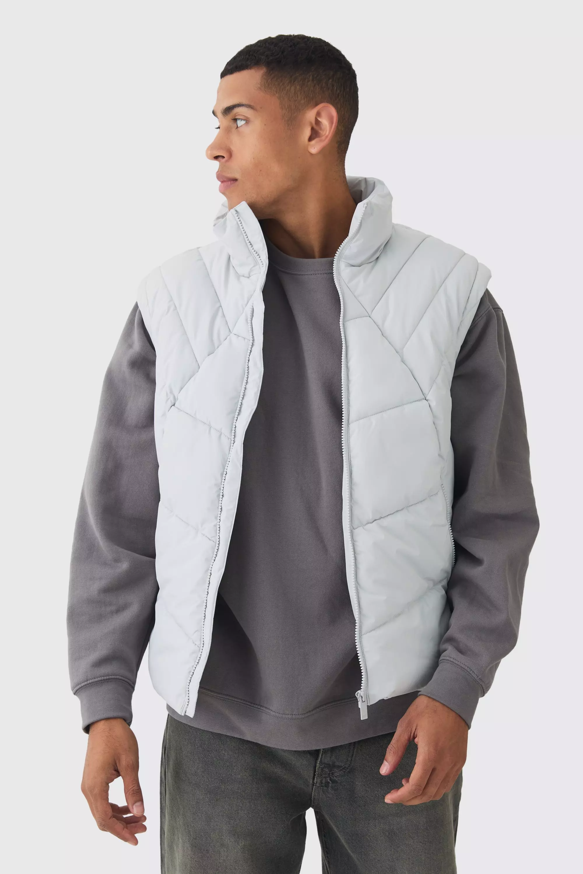 Quilted Funnel Neck Vest In Light Grey Light grey