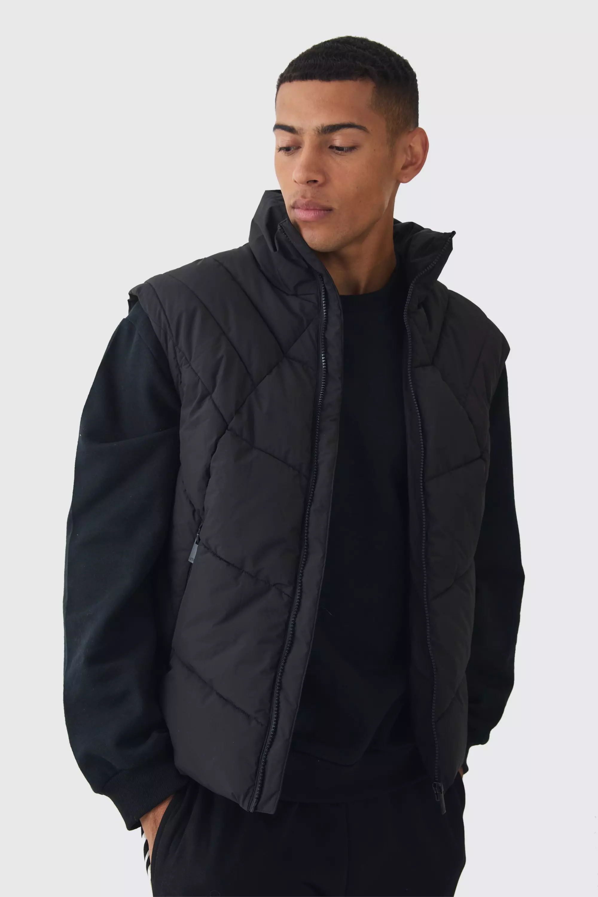 Quilted Funnel Neck Vest In Black Black