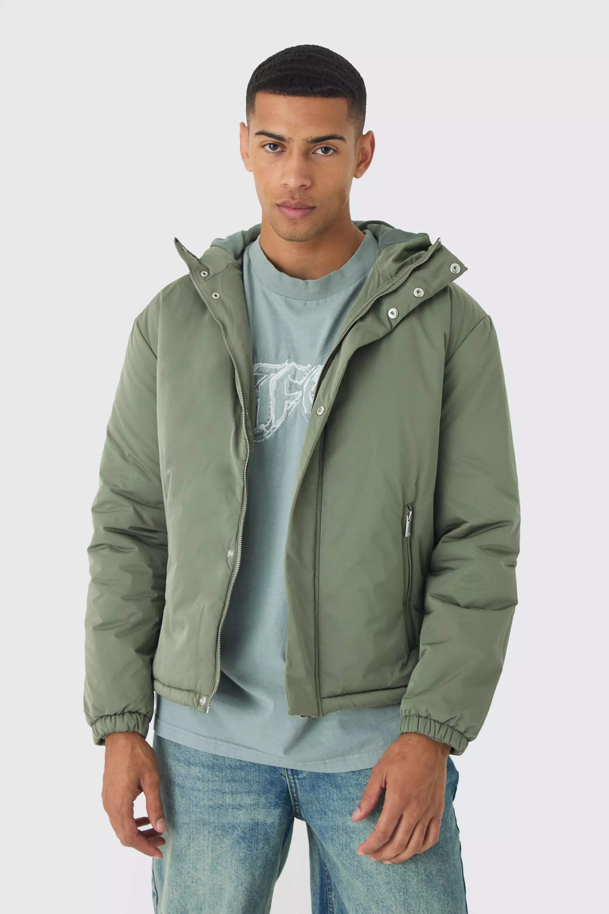 Hooded Padded Mid Length Parka In Khaki Khaki