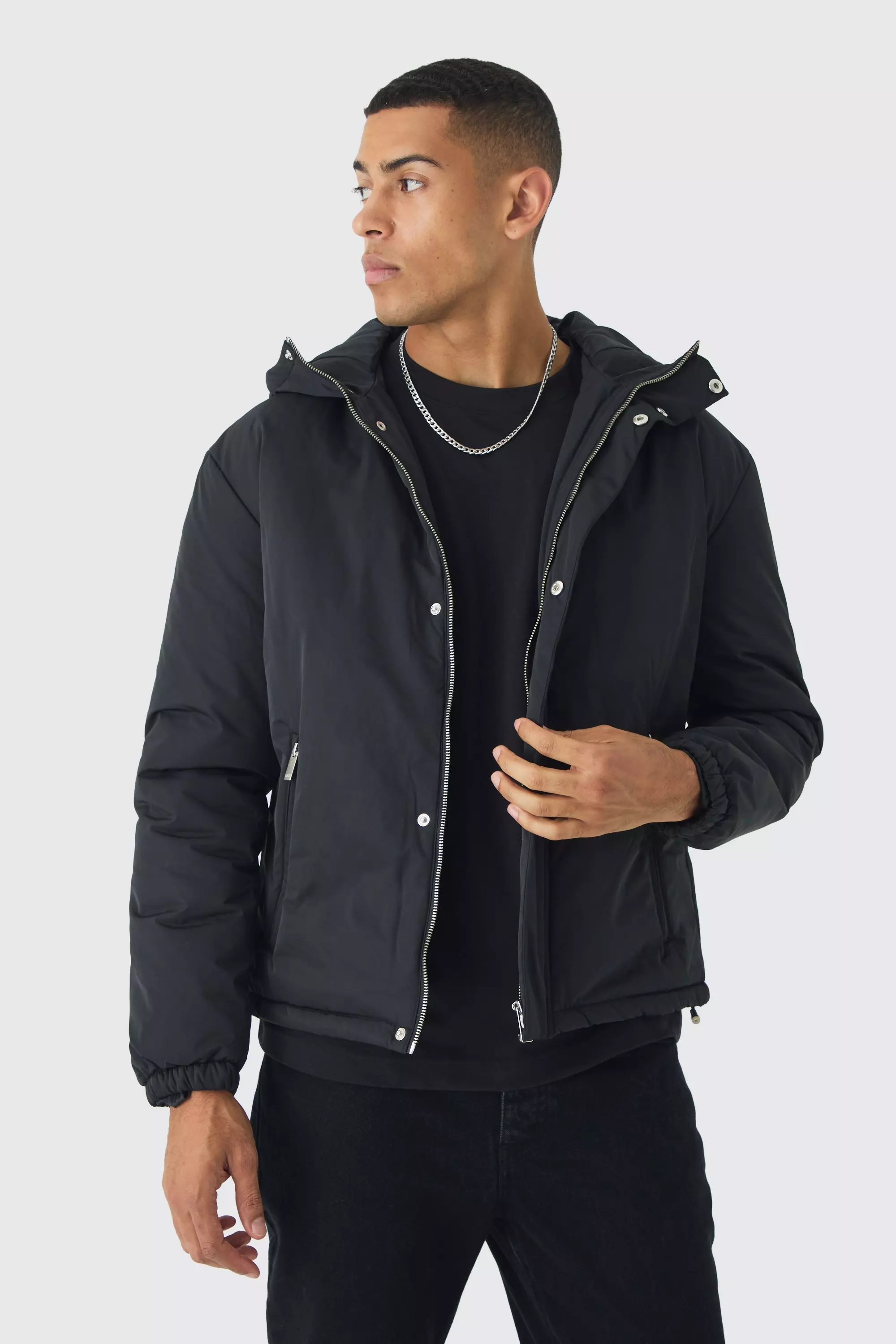 Hooded Padded Mid Length Parka In Black Black