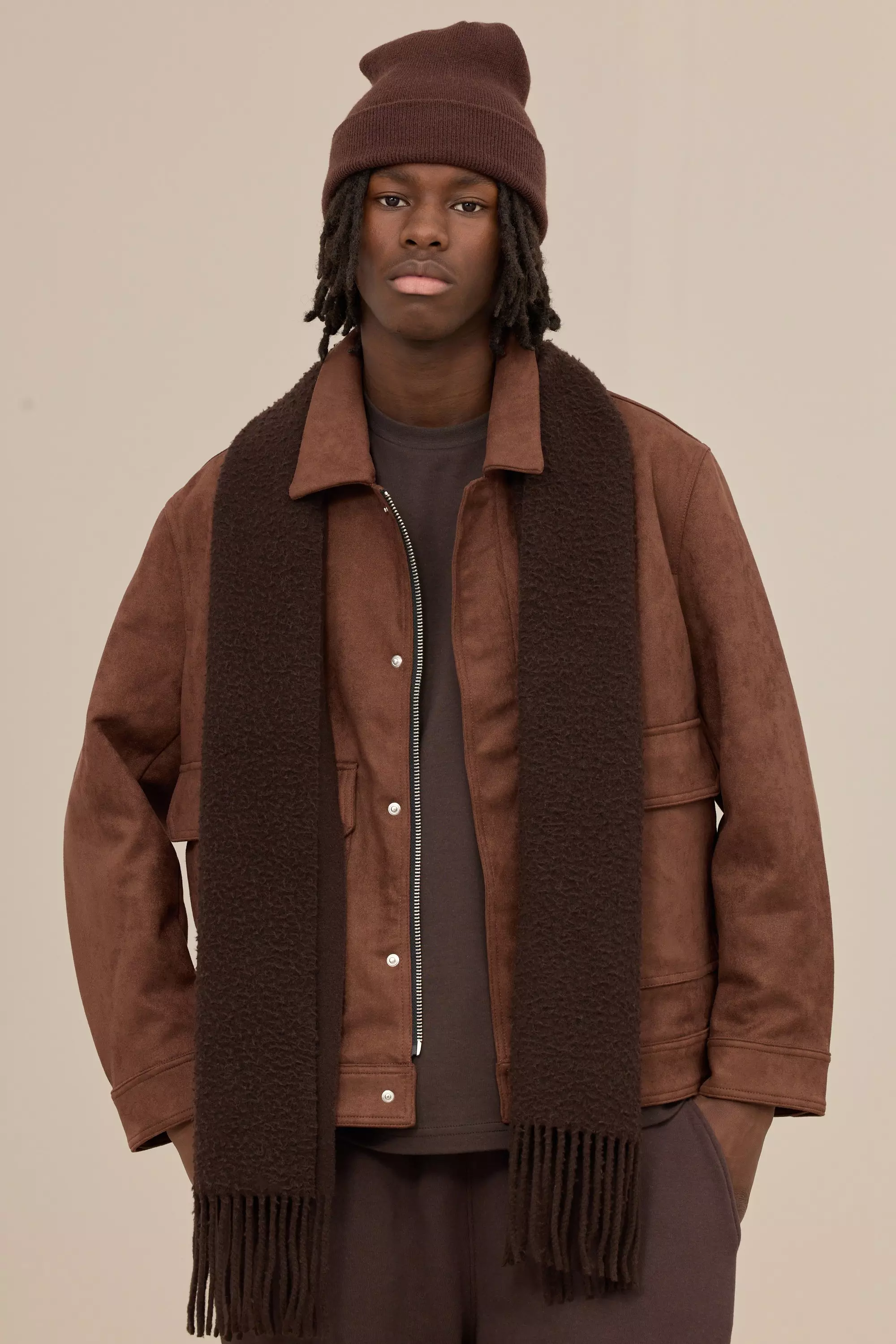 Brown Faux Suede Harrington Jacket In Brown