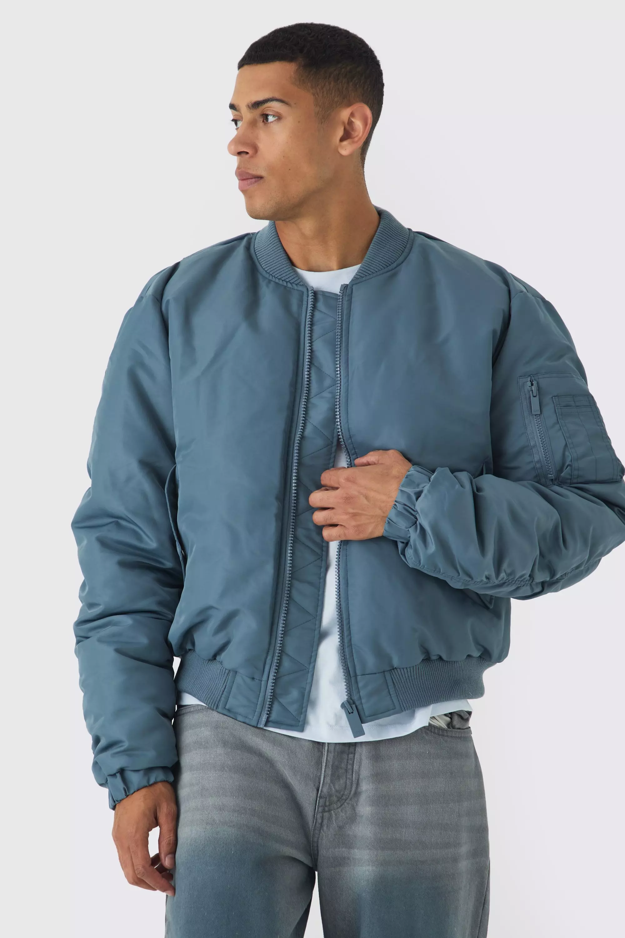 Padded Nylon Panelled Bomber Jacket In Slate Slate