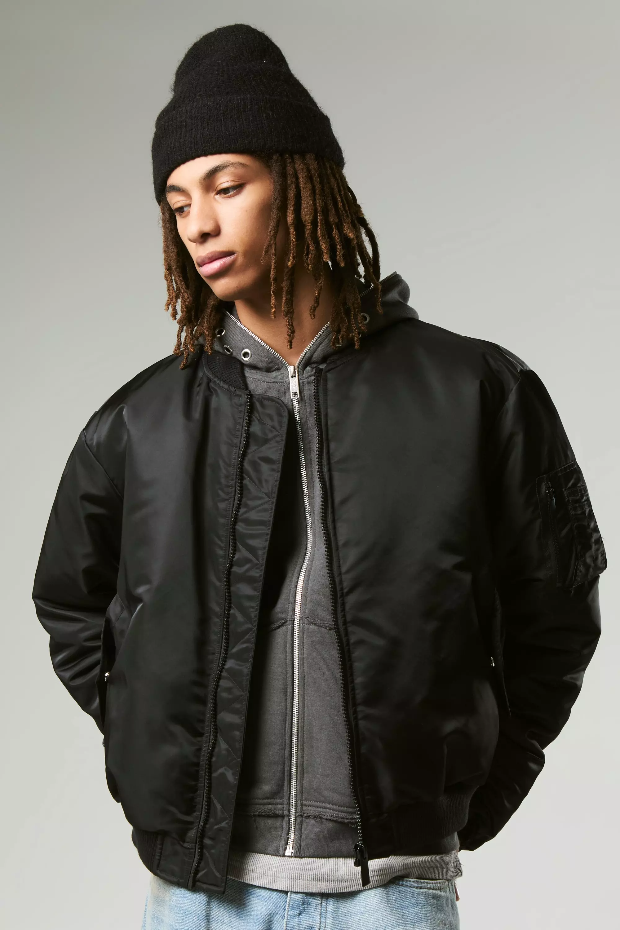 Padded Nylon Panelled Bomber Jacket In Black Black