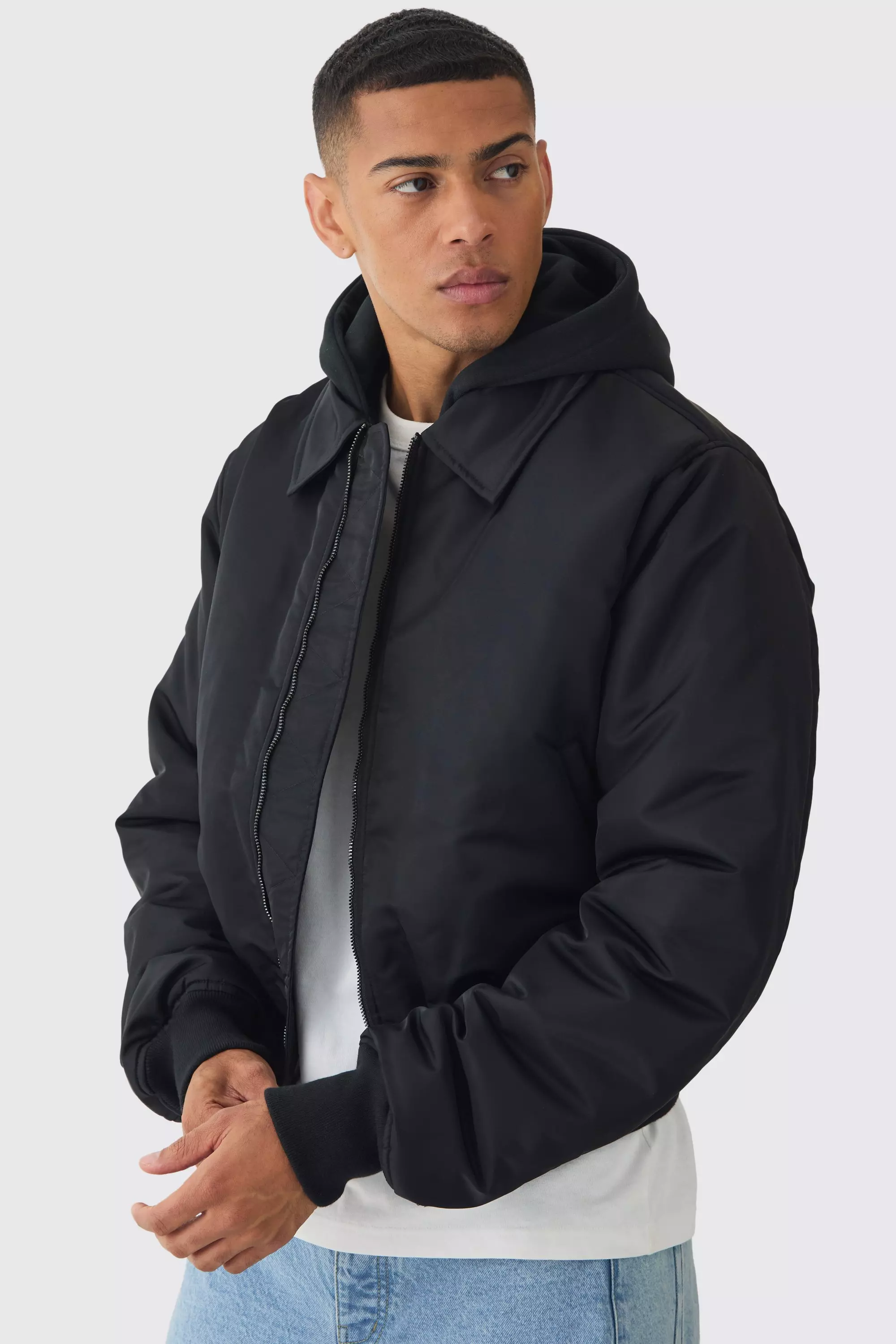 Collared Nylon Boxy Bomber With Jersey Hood In Black Black