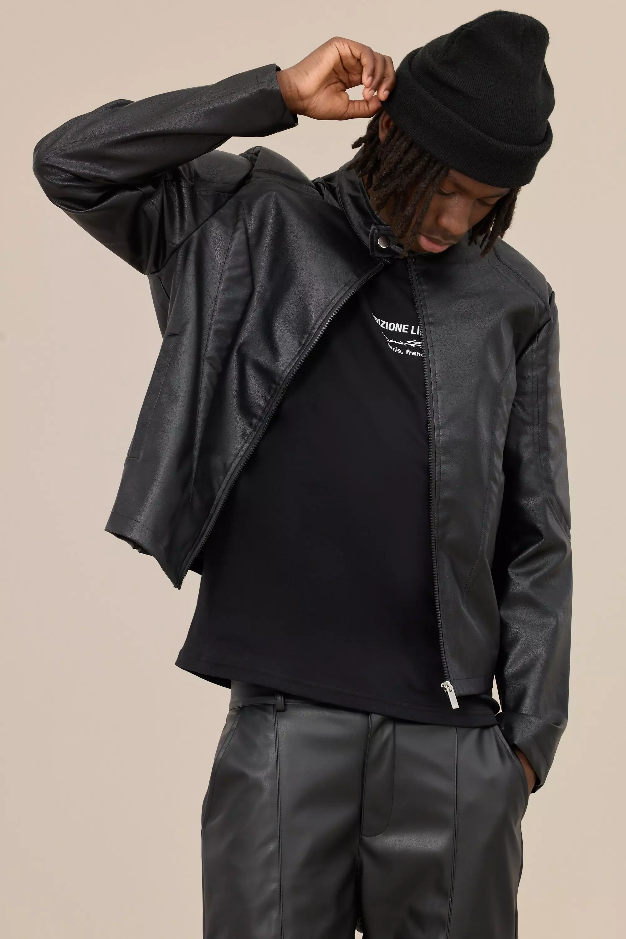 Tonal Pannelled Moto Jacket In Black Black